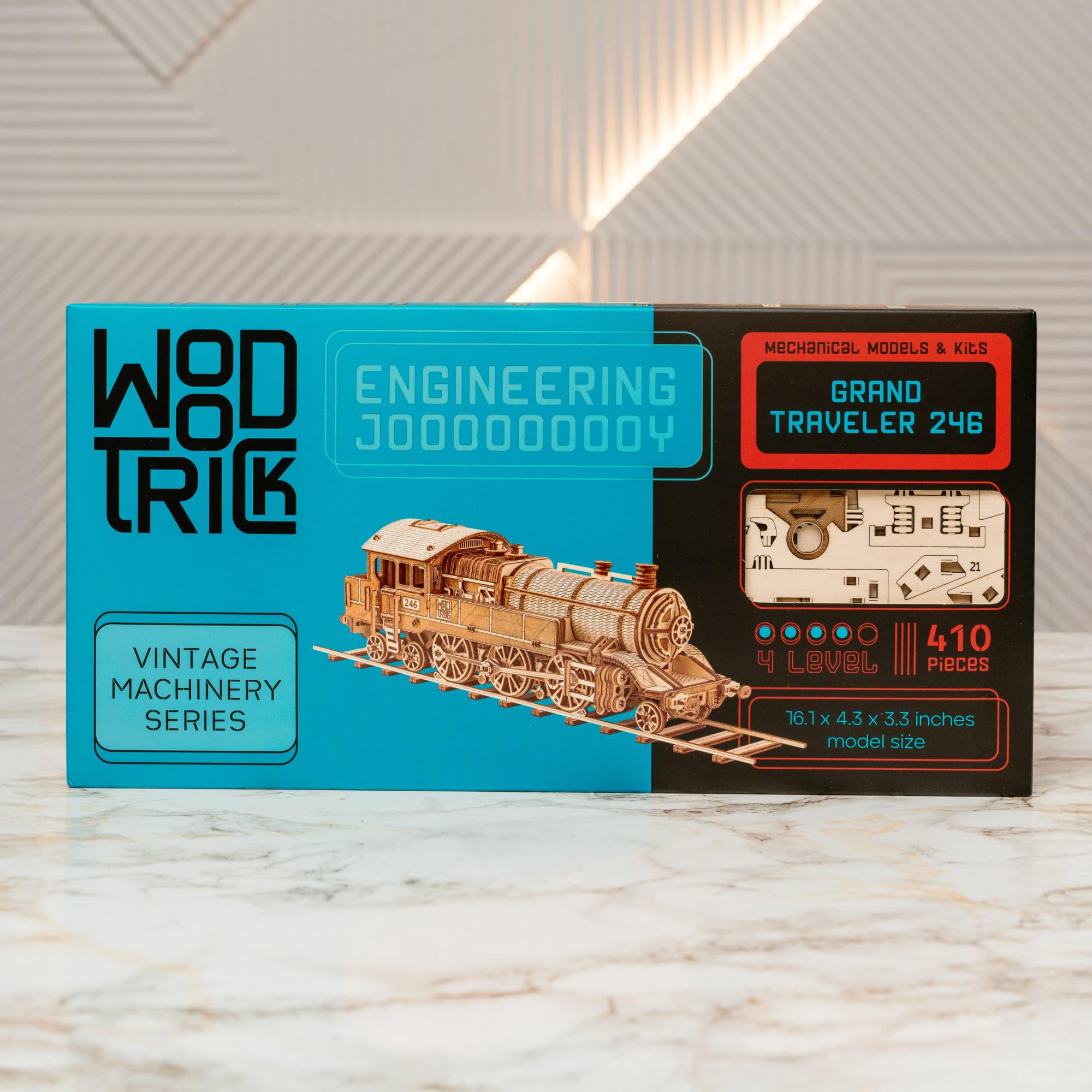 Wood Trick Grand Traveler 246 drewniany zestaw pociągów z koleją - przejażdżki do 6 m - zestaw modeli lokomotywy - drewniane puzzle 3D dla dorosłych do budowania - inżynieryjne modele DIY