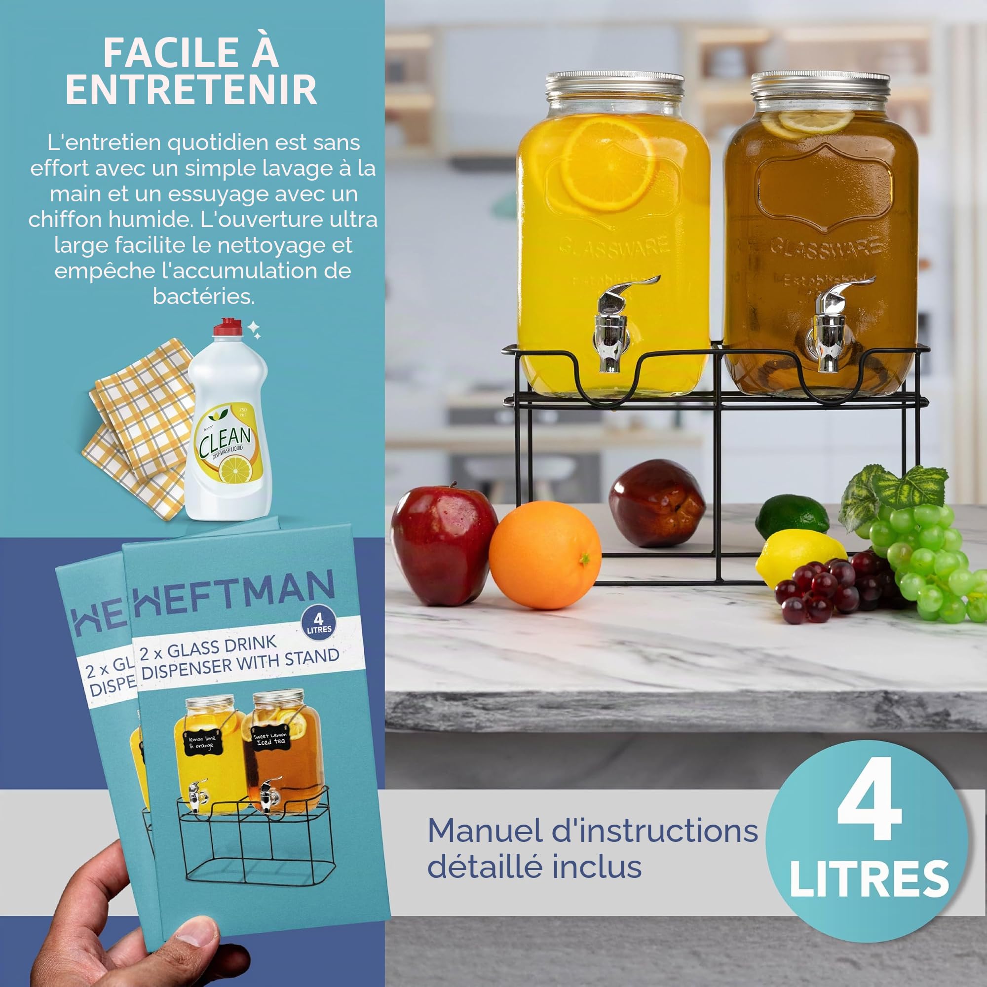 HEFTMAN Distributeur de boissons en verre avec robinet - 2 x 4 litres | Distributeur de boissons Mason Jar avec robinet étanche et support en fil métallique