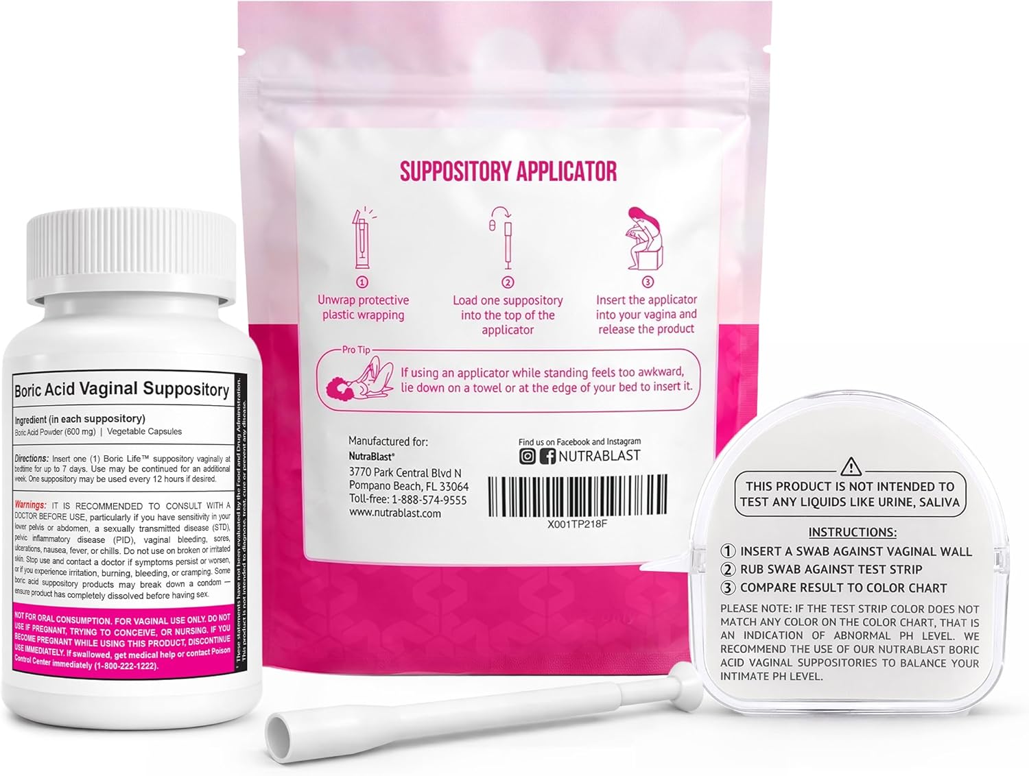 NutraBlast Boric Acid Suppositories 600mg (30 Count) Bundle with Disposable Suppository Applicators (15-Pack) and Feminine pH Test Strips 3.0-5.5 (100 Tests Roll)