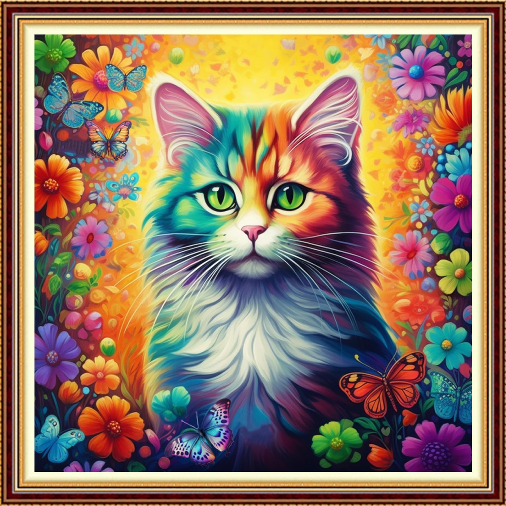 Funchey Stamped Cross Stitch Kits, DIY Cross Stitch Pattern for Adults Beginners Needlepoint Kits Embroidery Kit Arts and Crafts 11CT-Colorful Flower Cat 18x18 inch