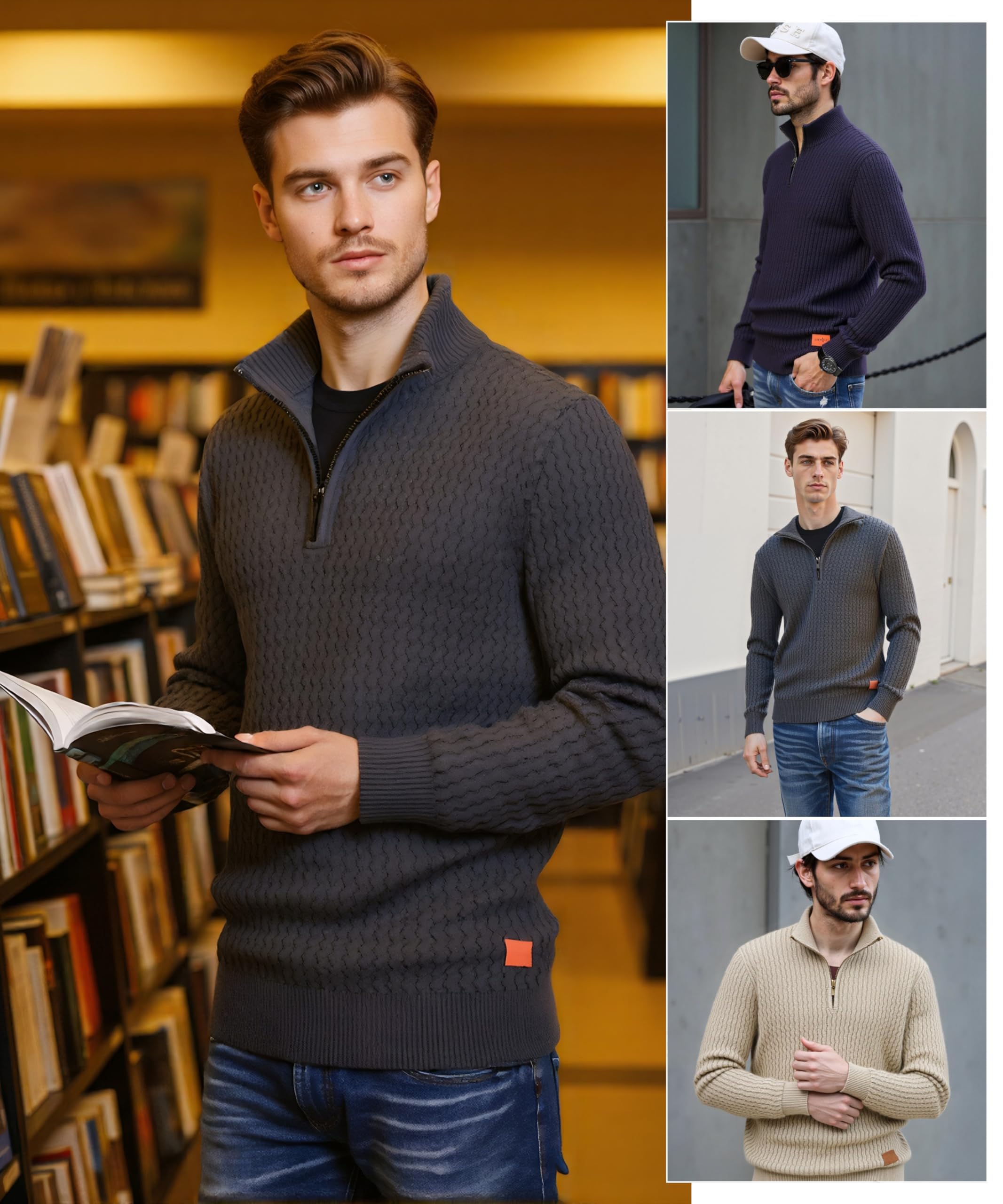 Maglione da Uomo 1/4 di Zip Collo Alto Maglioni a Righe Invernale Solido Maglione Grossa Ispessita Manica Lunga Lavorata a Maglia Slim Fit Caldo Maglia
