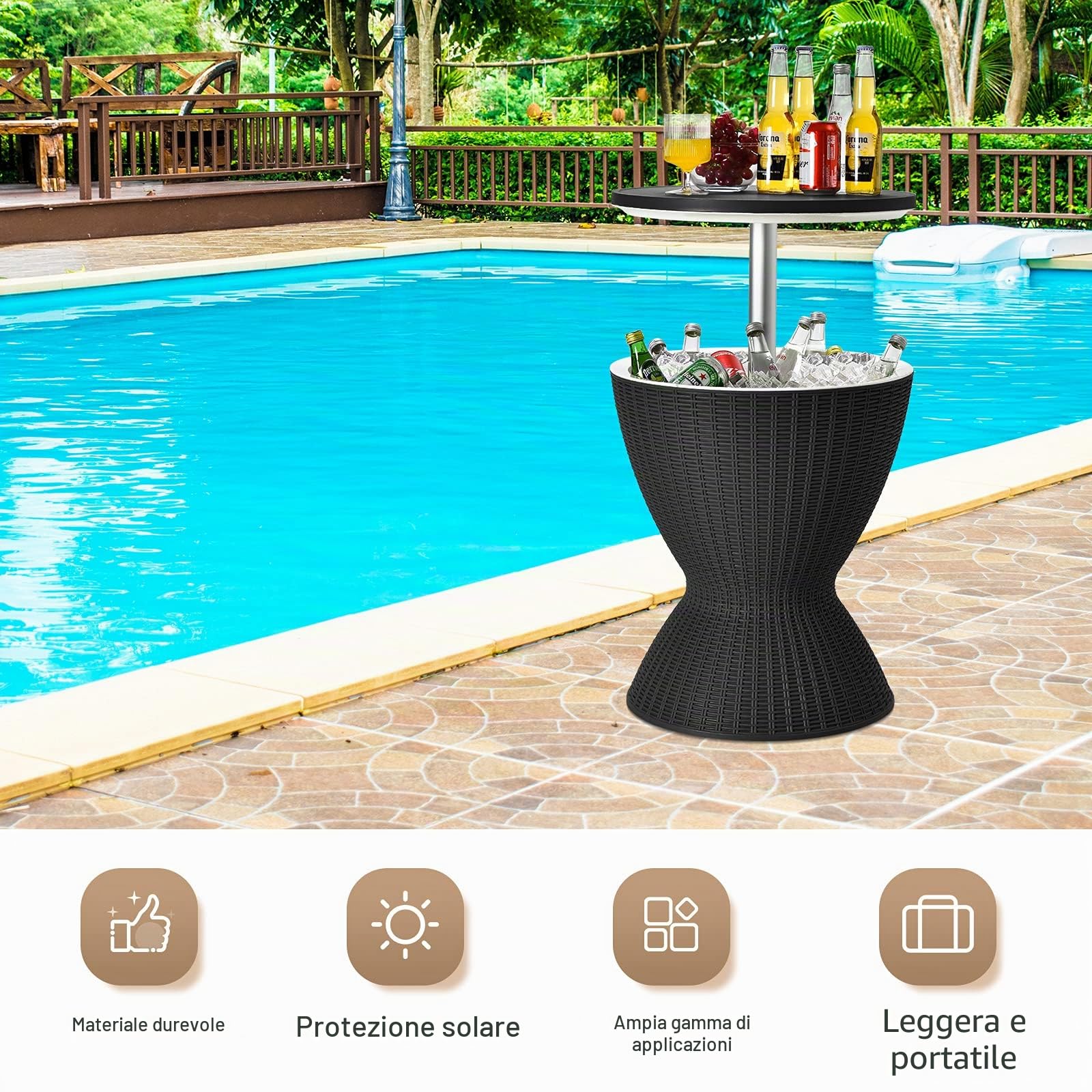 GYMAX Tavolino Frigo 30L, Secchiello Ghiaccio con Valvola di Scarico e Coperchio, Tavolo Portaghiaccio in Effetto Rattan Resistente alle Intemperie, per Feste in Piscina e Barbecue (Nero)