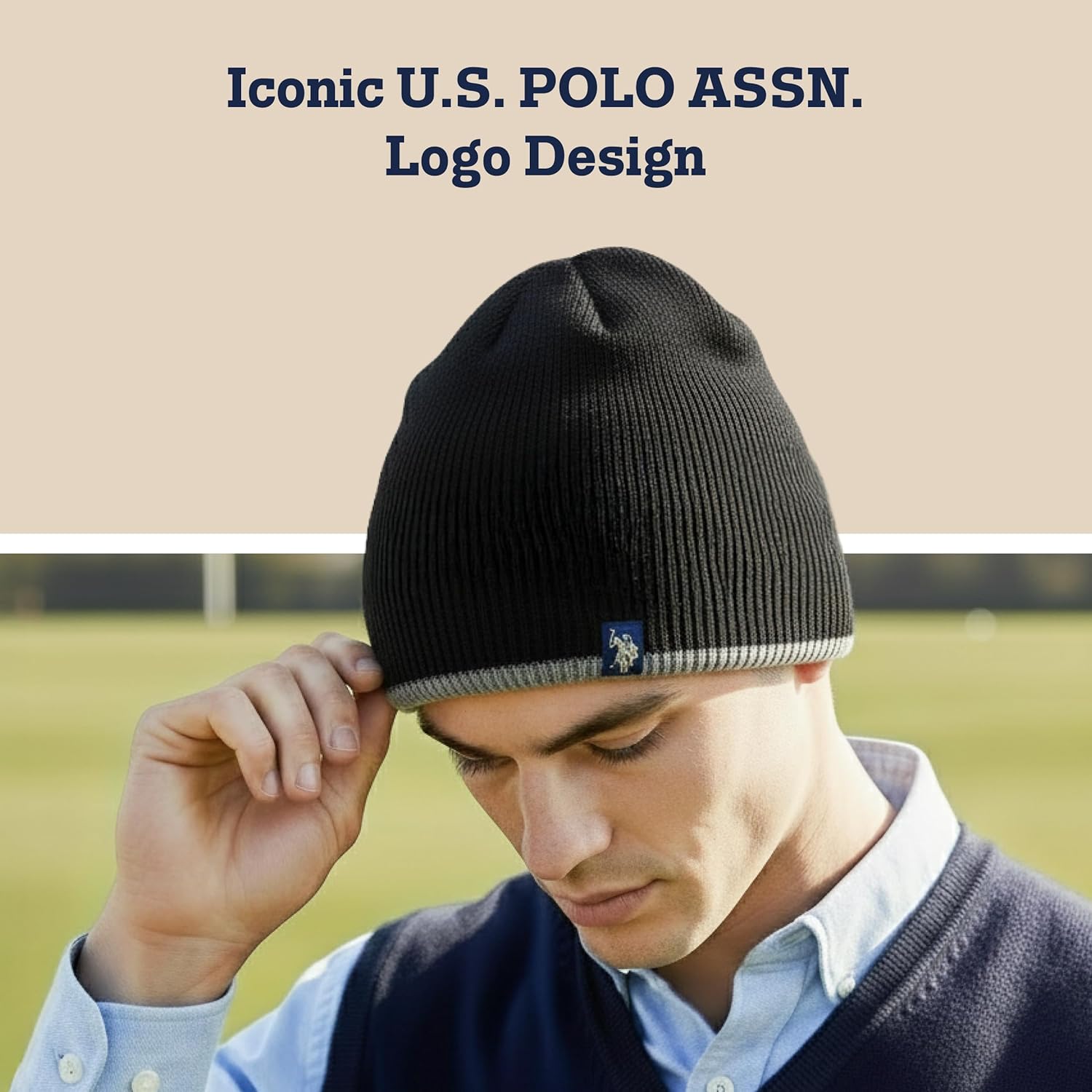 U.S. Polo Assn. 2-Piece Beanie Hat Set, Adult Acrylic Knitted Winter Caps with Faux Fur Lining, Striped/Black, One Size - Image 3