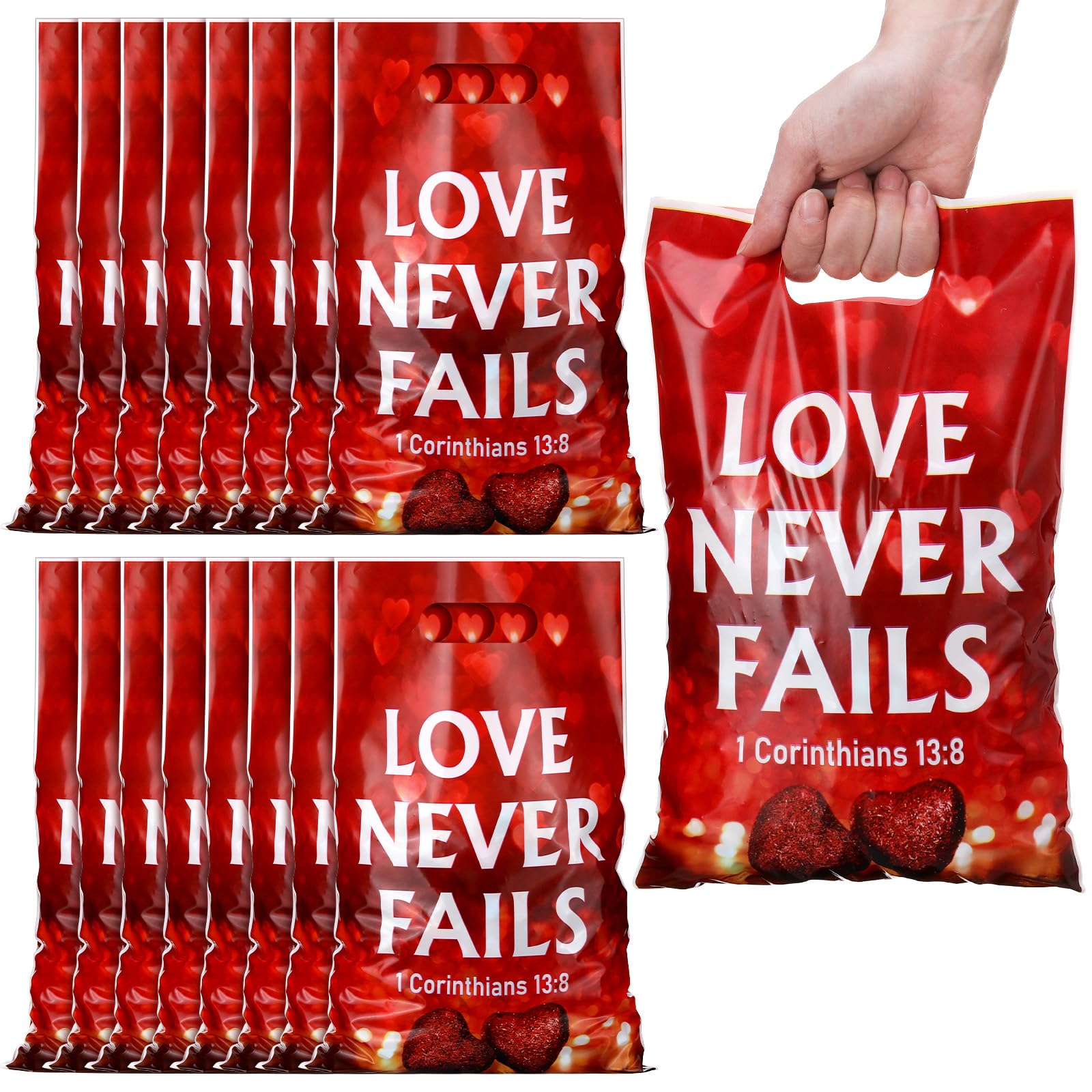 Panelee 100 Pcs Valentine Love Never Fails Plastic Goody Bags with Handles