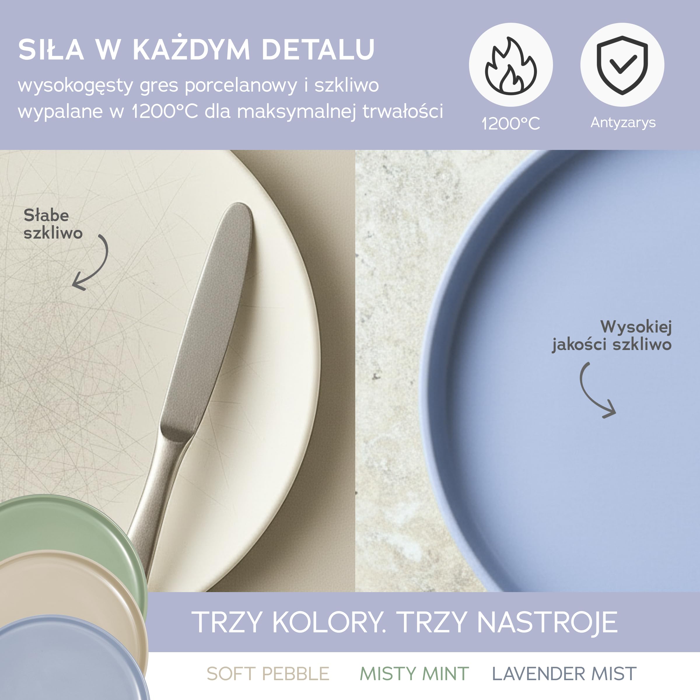 Zestaw naczyń z gresu porcelanowego dla 6 osób, 18-częściowy — wykonany z materiału mocniejszego i bardziej odpornego na zarysowania niż talerze i misek z kamionki, połysk lawendy | Zestaw zastawy