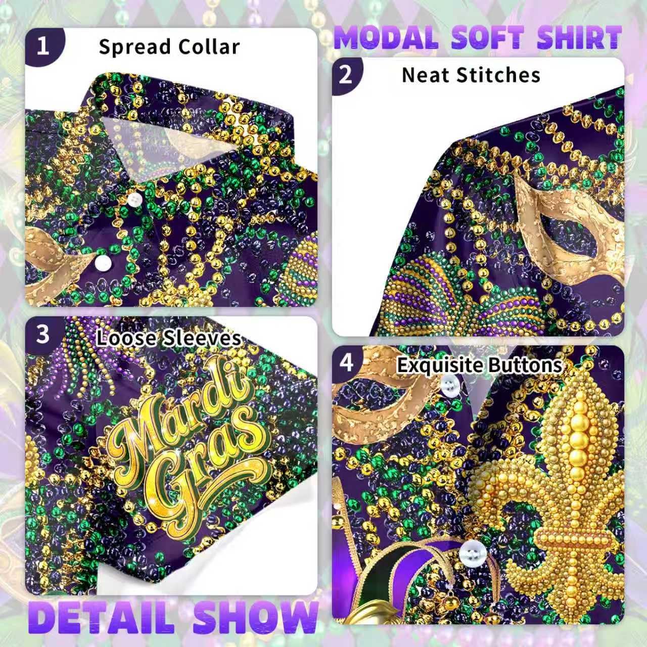Purple Mardi Gras Short Sleeve Knit Casual Modal Soft Shirt and Shorts for Men Mardi Gras Hawaiian Button Down Shirt Set - Image 4