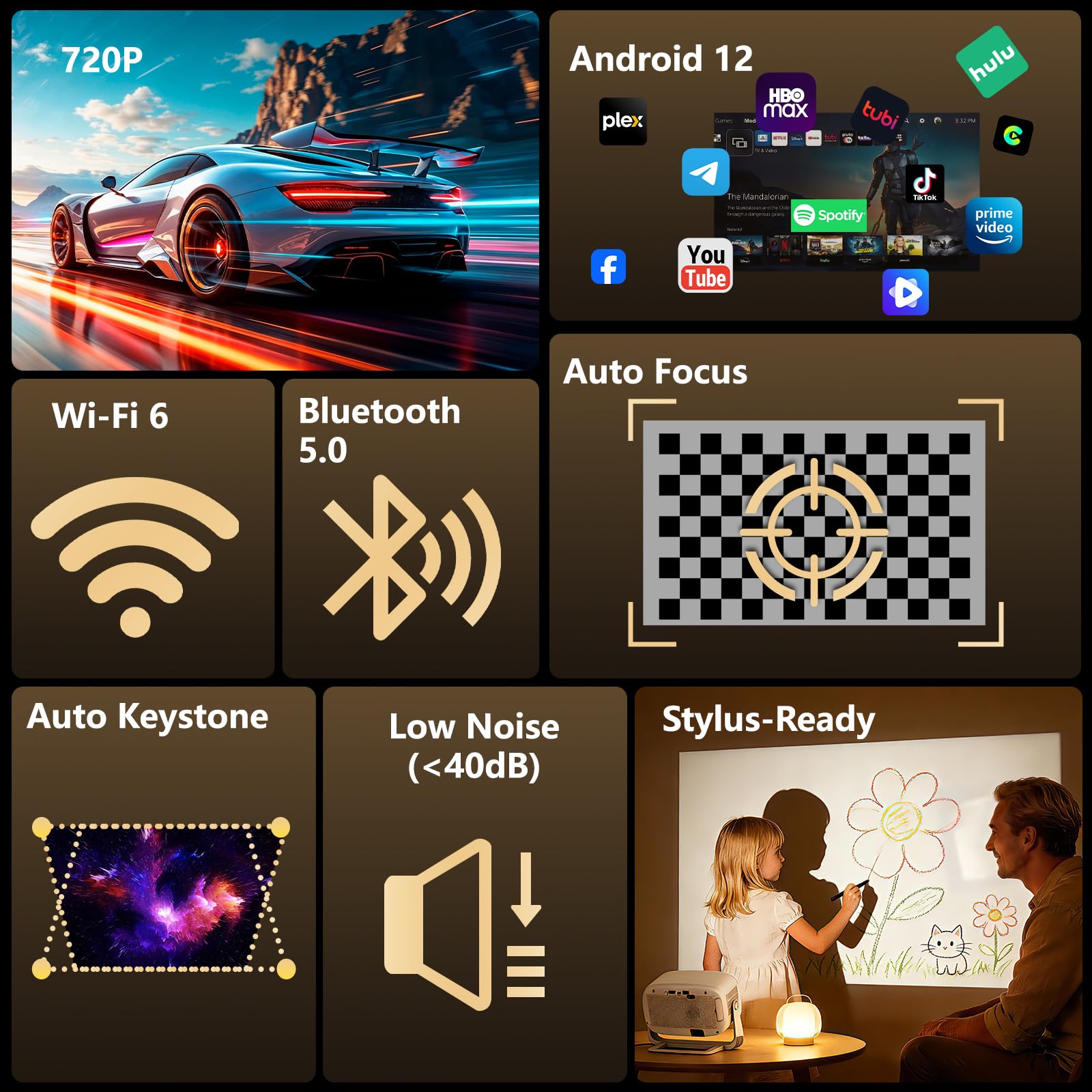 Proiettore Smart 4K, messa a fuoco automatica e Keystone, Azeyou 600 ANSI Full HD 1080P proiettore per camera da letto, Home Cinema WiFi 6 Bluetooth
