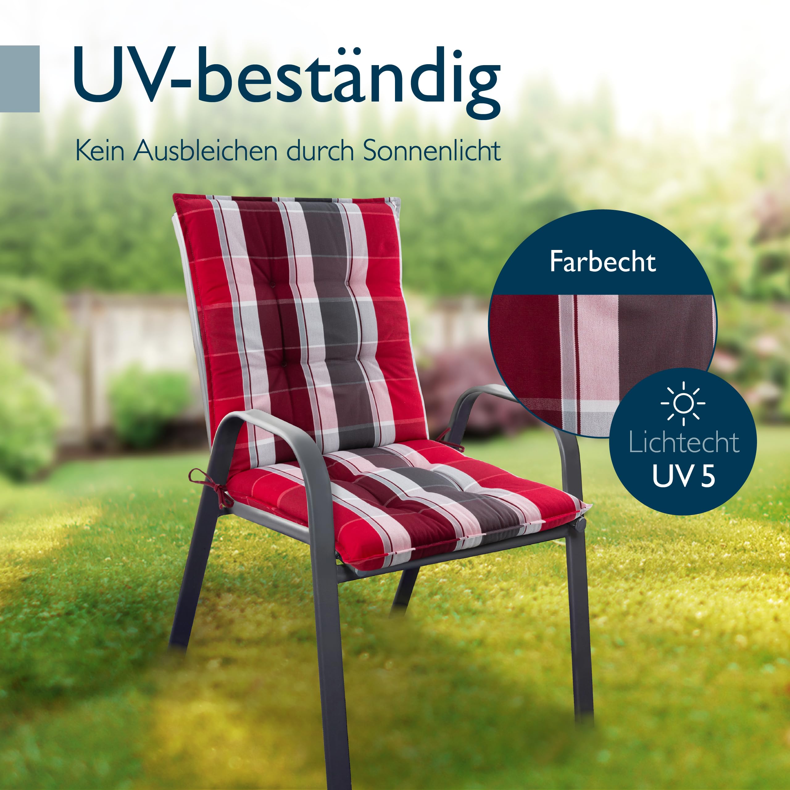 Beautissu 6er Set Premium Niedriglehner Auflage Gartenstuhl Polster | 100x50cm Rot-Anthrazit Gestreift 8cm dick rutschfestes robust UV-Lichtechtheit 5 Gartenstuhlauflage rutschfest Garten Sun-NL