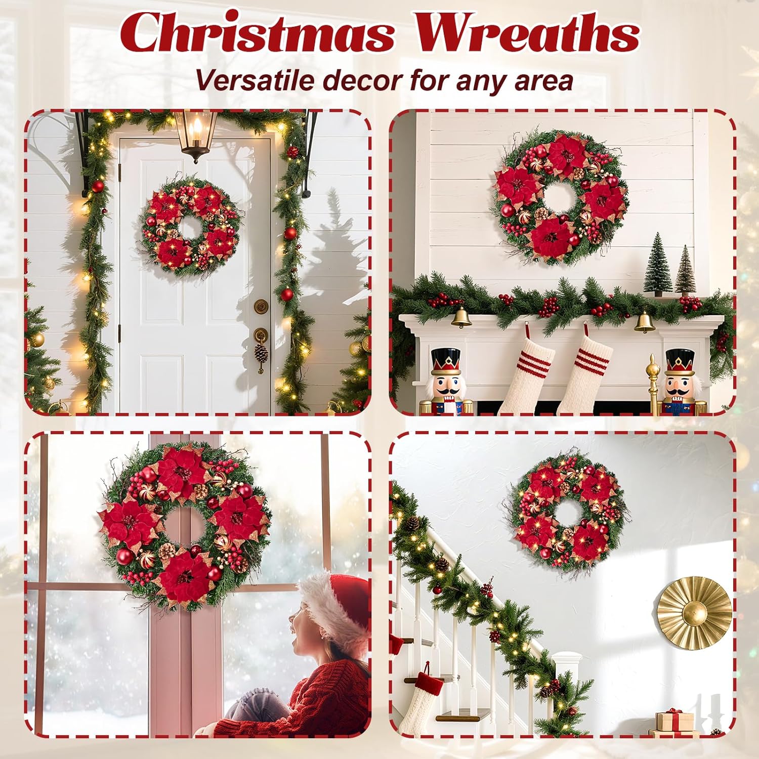 Christmas Decorations - 20" Christmas Wreaths for Front Door, Poinsettia Flowers Artificial Red Berries Christmas Reef with Lights for Farmhouse Porches Windows Indoor Outdoor Holiday Xmas Decor
