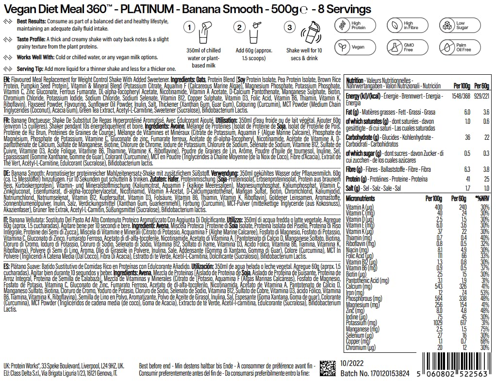 Protein Works | Vegan Diet Meal 360 – PLATINUM Innovation, Shake Dietetico Vegan, Supporta Perdita Peso Sana, Miscela Vitamine & Minerali, Tè Verde, Banana Vellutata, 8 Pasti, 500g