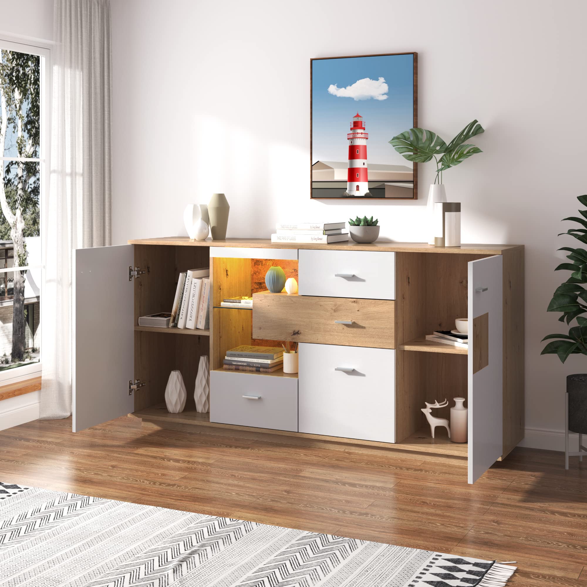 Rtopsu Mobile Contenitore Credenza con LED, Madia Mobile da Cucina con 2 Ante e 4 Cassetti, Mobile Dispensa Cucina Buffet da Cucina per Soggiorno Cucina Sala da Pranzo, 160x40x77 cm, Bianco & Natur