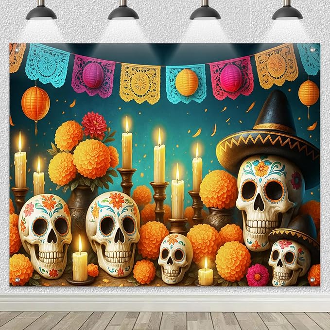 Day of The Dead Backdrop Banner 8x6ft Dia de Los Muertos Sugar Skull Marigold Flowers Candles Papel Picado Mexican Fiesta Altar Halloween Party Decoration Photo Booth Background