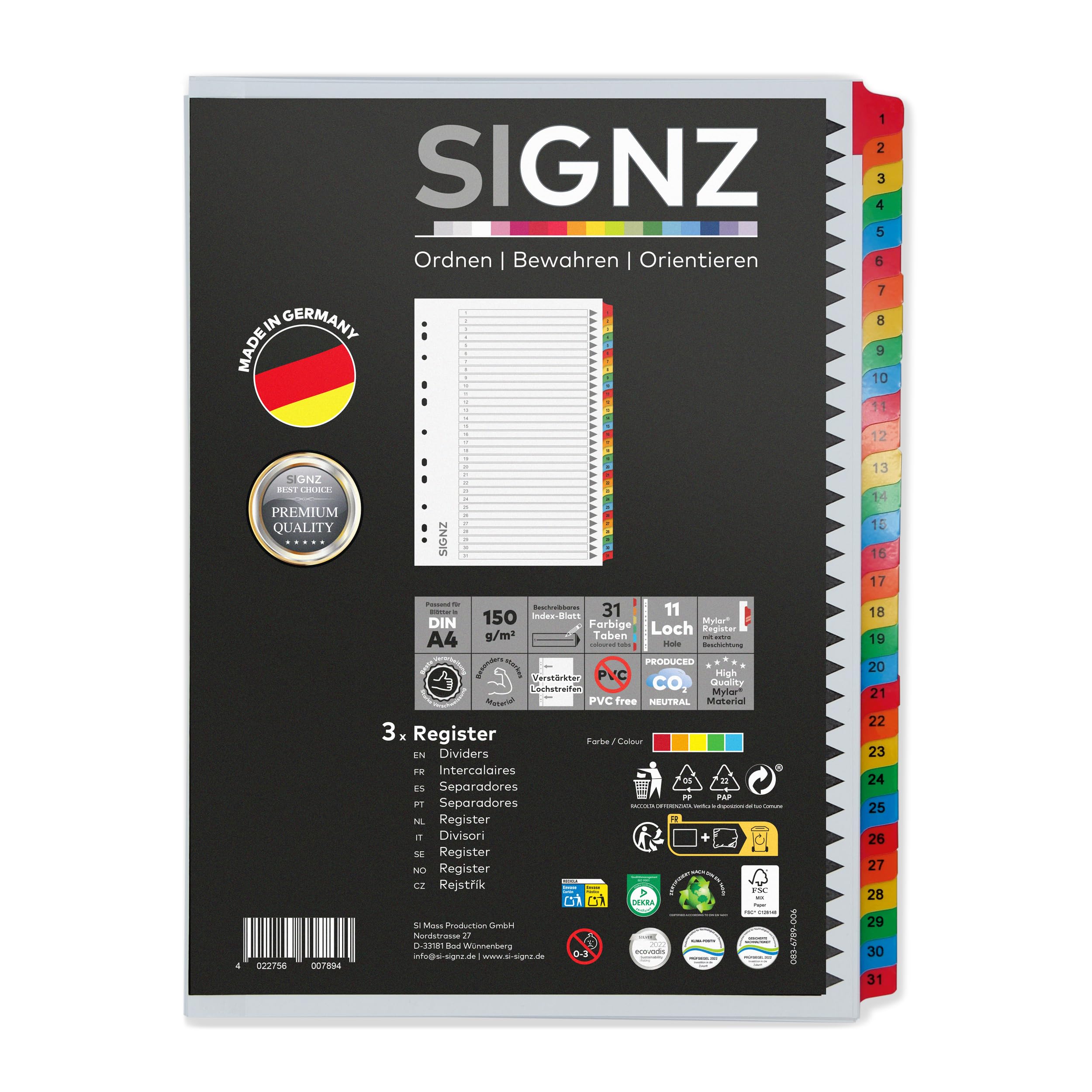 SIGNZ Rejestr DIN A4, 31-częściowy, 3 sztuki, bardzo mocne przekładki, neutralne pod względem emisji CO2, wyprodukowano w Niemczech