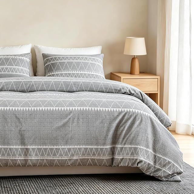 Lekesky Duvet Cover Queen, Ultra Soft Brushed Microfiber Queen Duvet Cover Set, 3 Pieces Breathable Queen Bedding Sets with Zipper Closure and Corner Ties, Grey Striped
