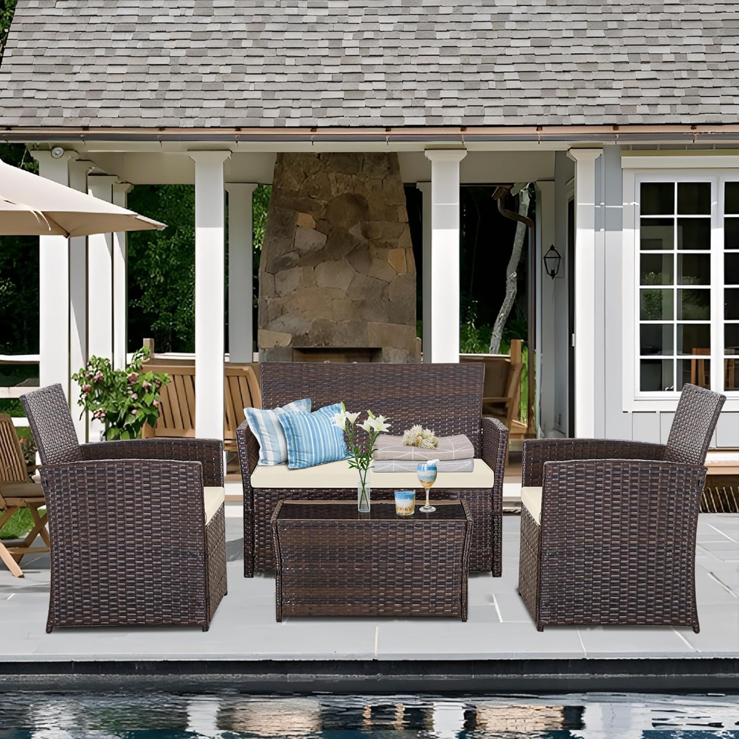 4 Piece Patio Furniture Set, Outdoor Wicker Conversation Set, Rattan Sectional Sofa Couch with Glass Coffee Table & Thick Cushion for Backyard, Porch, Garden, Poolside, Brown/Beige