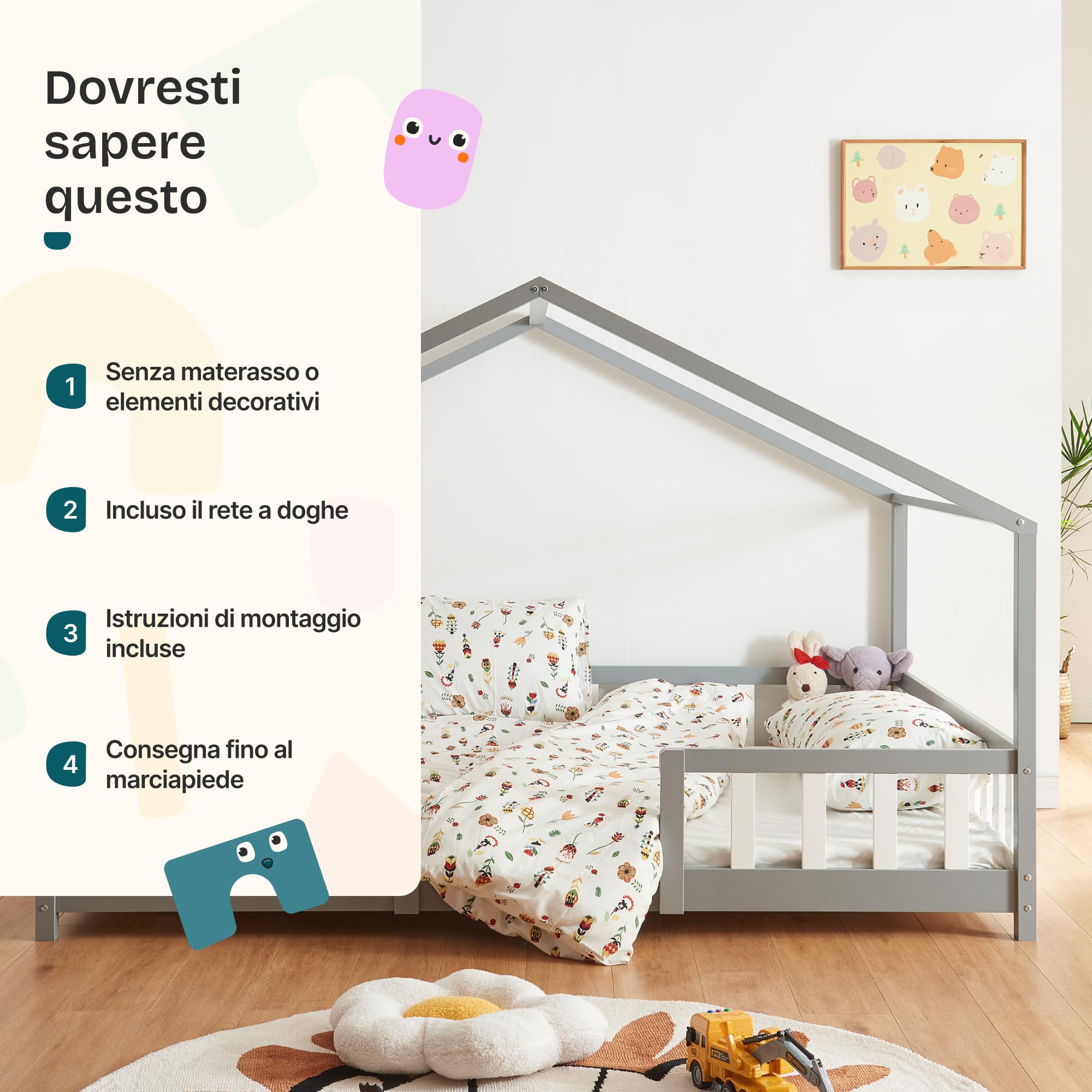 [en.casa] Letto per Cameretta Montessori Letto a Forma di Casetta con Barriera di Protezione per Bambini Struttura in Legno di Pino Materasso a Schiuma Fredda 120x200 cm Grigio Chiaro/Bianco