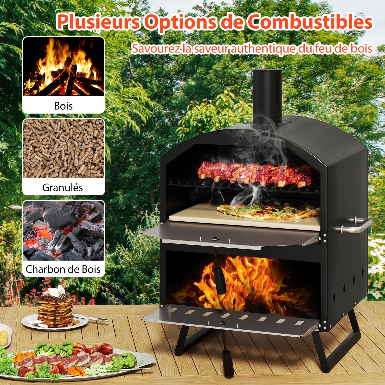 GYMAX Four à Pizza d'Extérieur à Bois avec Pierre de Cuisson 40,5cm, Température Max. 510°C, Barbecue