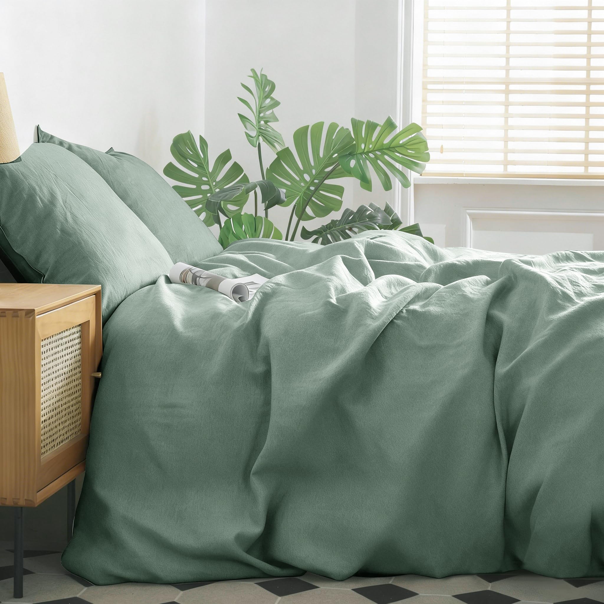CHUFFED Ropa de cama de lino de 135 x 200 cm, 2 piezas, 100 % lino natural, 1 funda nórdica de 135 x 200 cm y 1 funda de almohada de 80 x 80 cm con cremallera, suave transpirable, color verde salvia