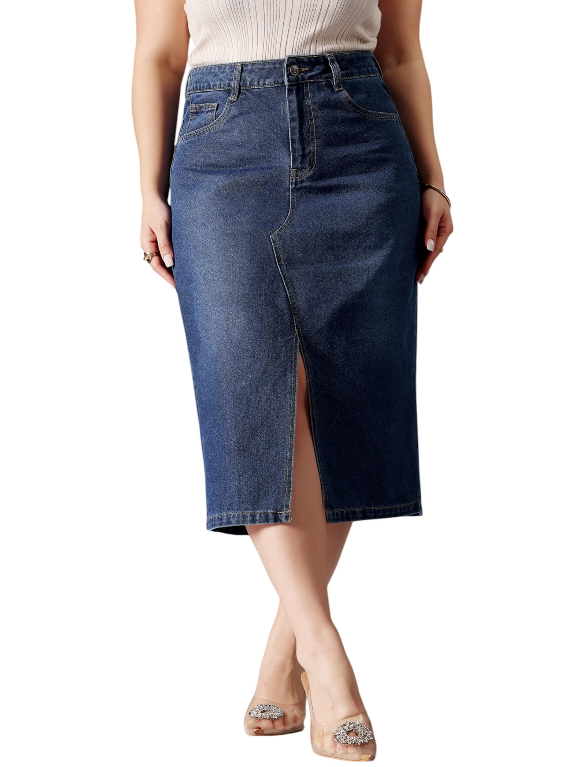 miss chase a+ Women's A-Line High-Rise Non-Stretchable Denim Midi Skirt-picture-40