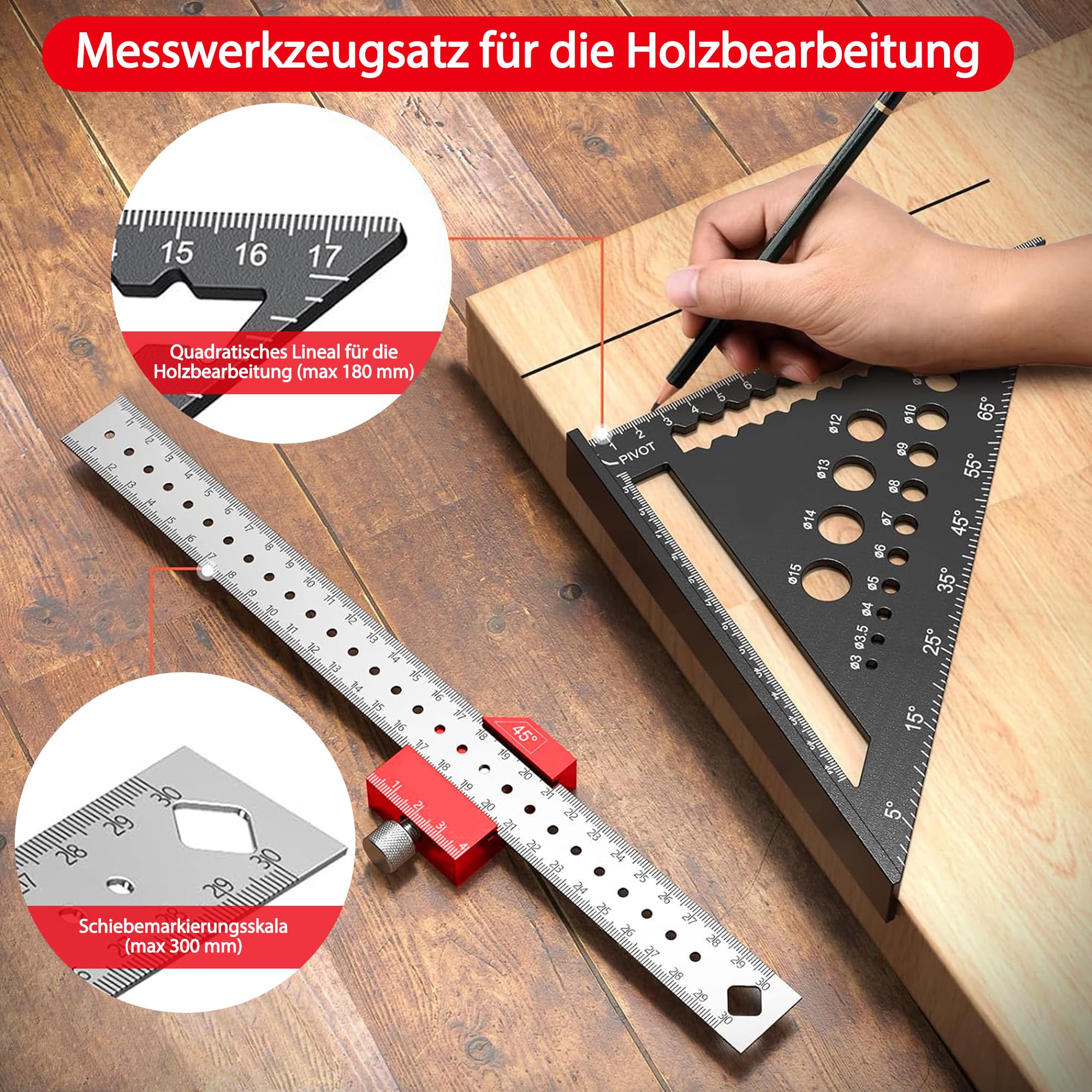 Squadra Falegname In Alluminio - Set 2 Pezzi 180mm+300mm, Goniometro Per Angoli 45°/90° - Foto 2