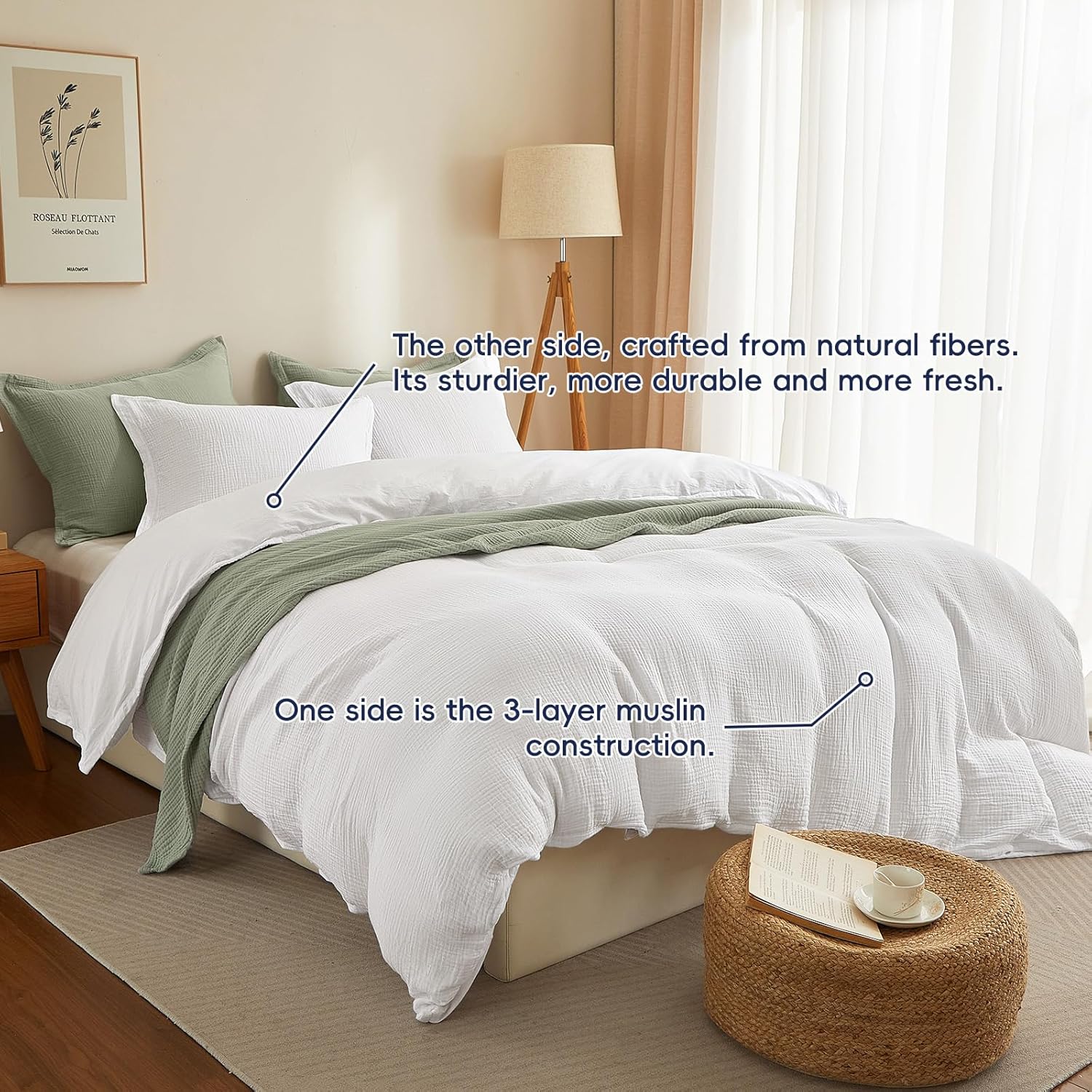 PHF Cotton Muslin Duvet Cover Queen Size, 3-Layer Ultra-Soft Lightweight Breathable Textured Guaze, Skin-Friendly Minimalist Comforter Cover Set for All Season, with 2 Pillow Shams, 90"x90", White