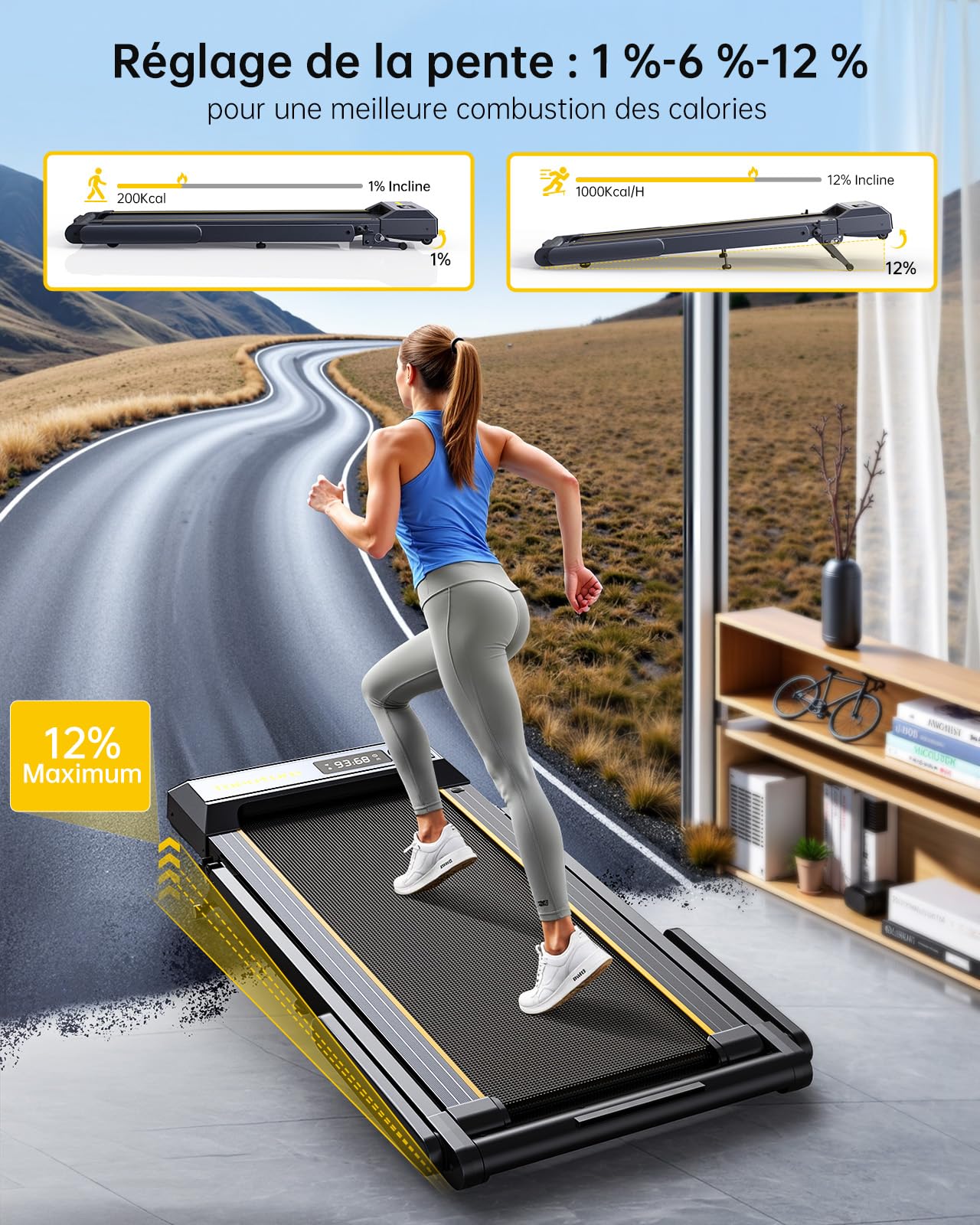 Tapis de Course, vitesse16 km/h, réglage de l'inclinaison à 3 Vitesses, maximale 12%, Bande de Course de 42 cm，électrique Pliable, Double écran LED, Mesure de la fréquence Cardiaque, contrôle par APP