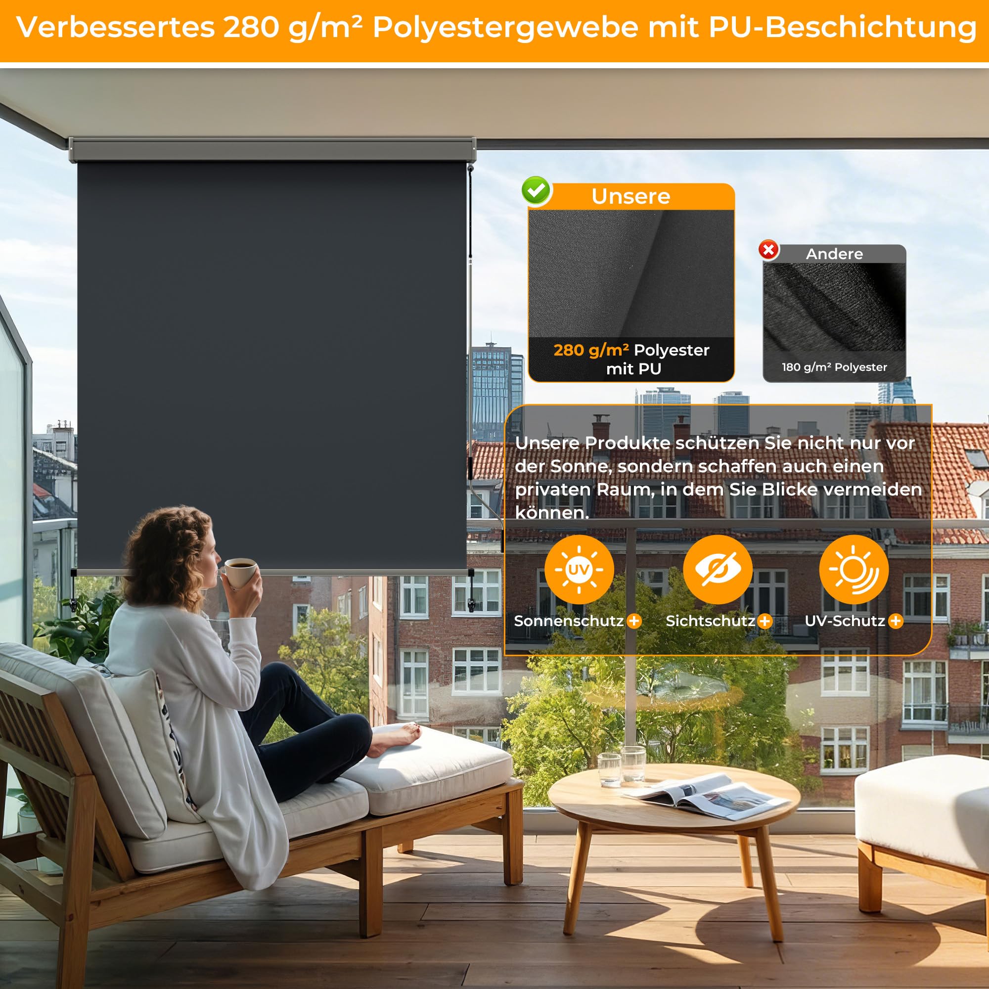HOMEDEMO Senkrechtmarkise 160x250cm, Außenrollo mit Einstellbare Handkurbel & Alu-Kassette, Balkonrollo Markise, Sicht-und Sonnenschutz, UPF 50+, Wasserfest, Balkon, Terrasse, inkl.Abdeckung Anthrazit