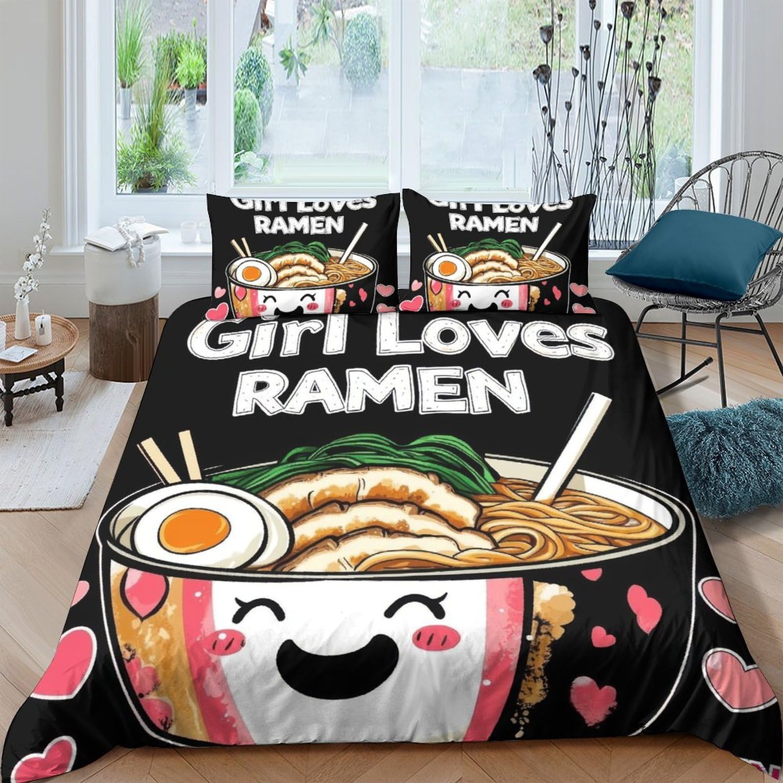 3D Druck Lustige Ramen Illustration Bettbezug Mikrofaser Schlafzimmerdeko Cartoon Nudeln Bettwäsche Set Hautfreundlich Atmungsaktiv für Erwachsene Jugendliche King（220x240cm）