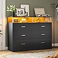 GarveeHome Black Dresser for Bedroom, Wooden Modern 6 Drawers Wide Dresser with Charging Station and Led Lights Design, Large Capacity Storage Chest of Drawers