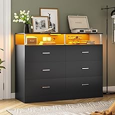 GarveeHome Black Dresser for Bedroom, Wooden Modern 6 Drawers Wide Dresser with Charging Station and Led Lights Design, Large Capacity Storage Chest of Drawers