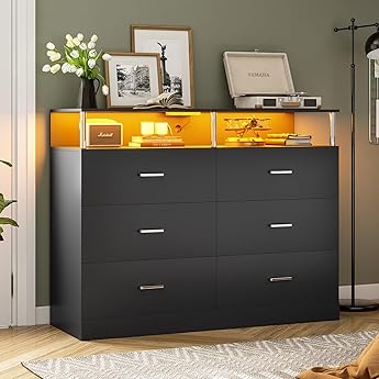 GarveeHome Black Dresser for Bedroom, Wooden Modern 6 Drawers Wide Dresser with Charging Station and Led Lights Design, Large Capacity Storage Chest of Drawers
