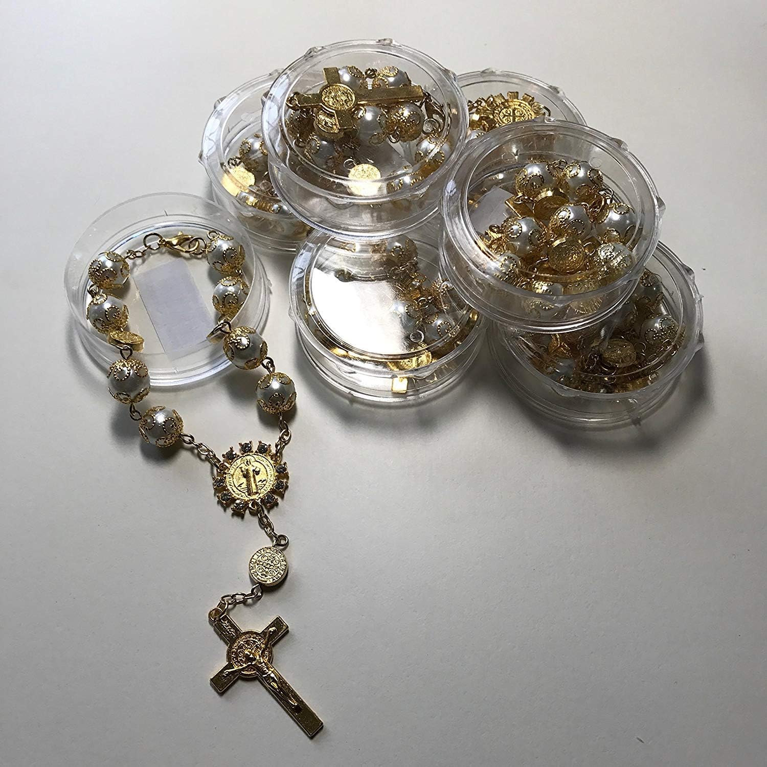 YRP Gifts Gold/Silver Men And Women Hand Bracelet,Mini Rosary Rhinestone Memories Gift For Baptism/First Communion Festivities 12 party pack