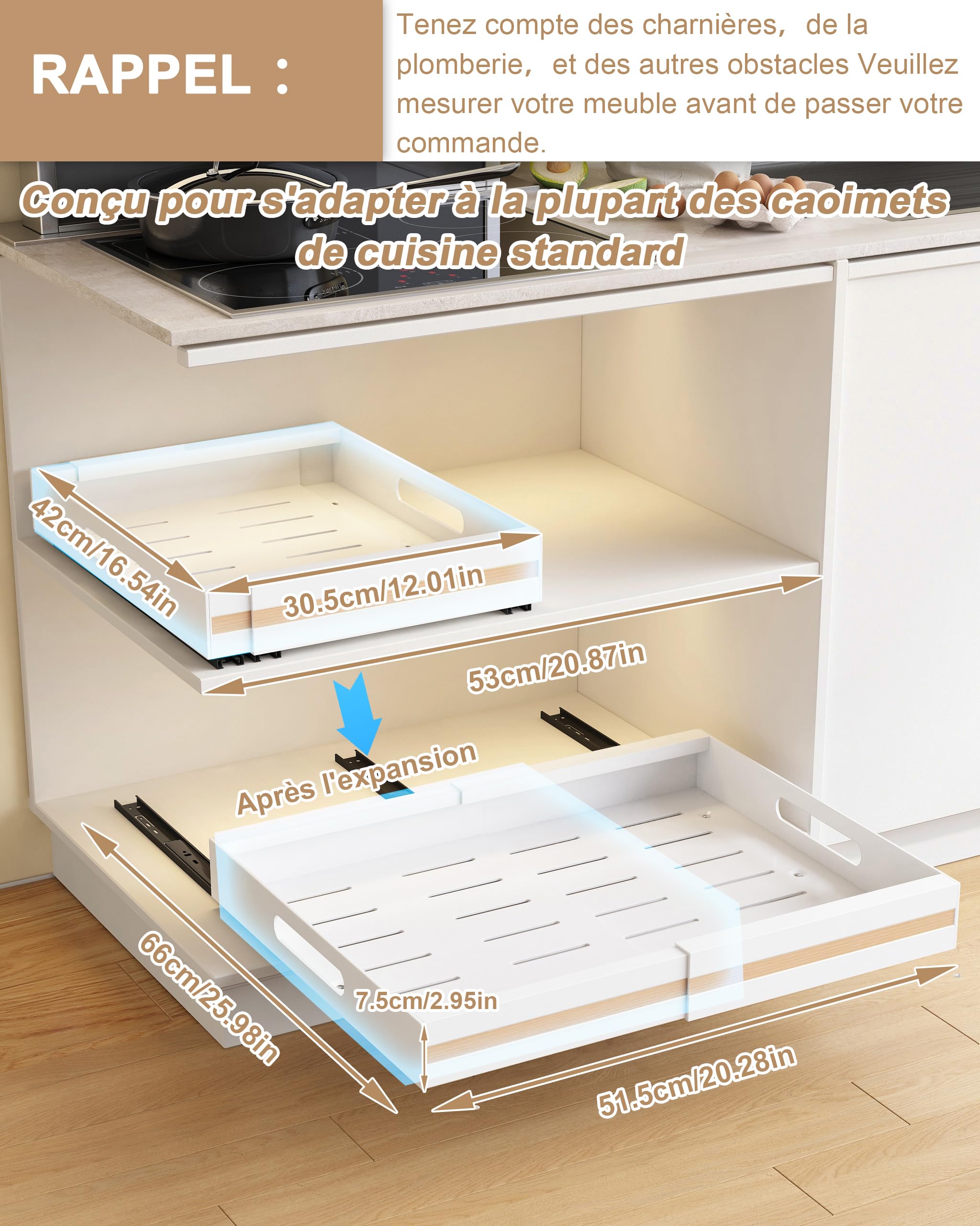 UMDONX Lot de 2 Tiroir Coulissant Cuisine Adhésif Rangement Placard Blanc - Tiroir Télescopique Extensible (largeur réglable de 30.5 à 51.5)