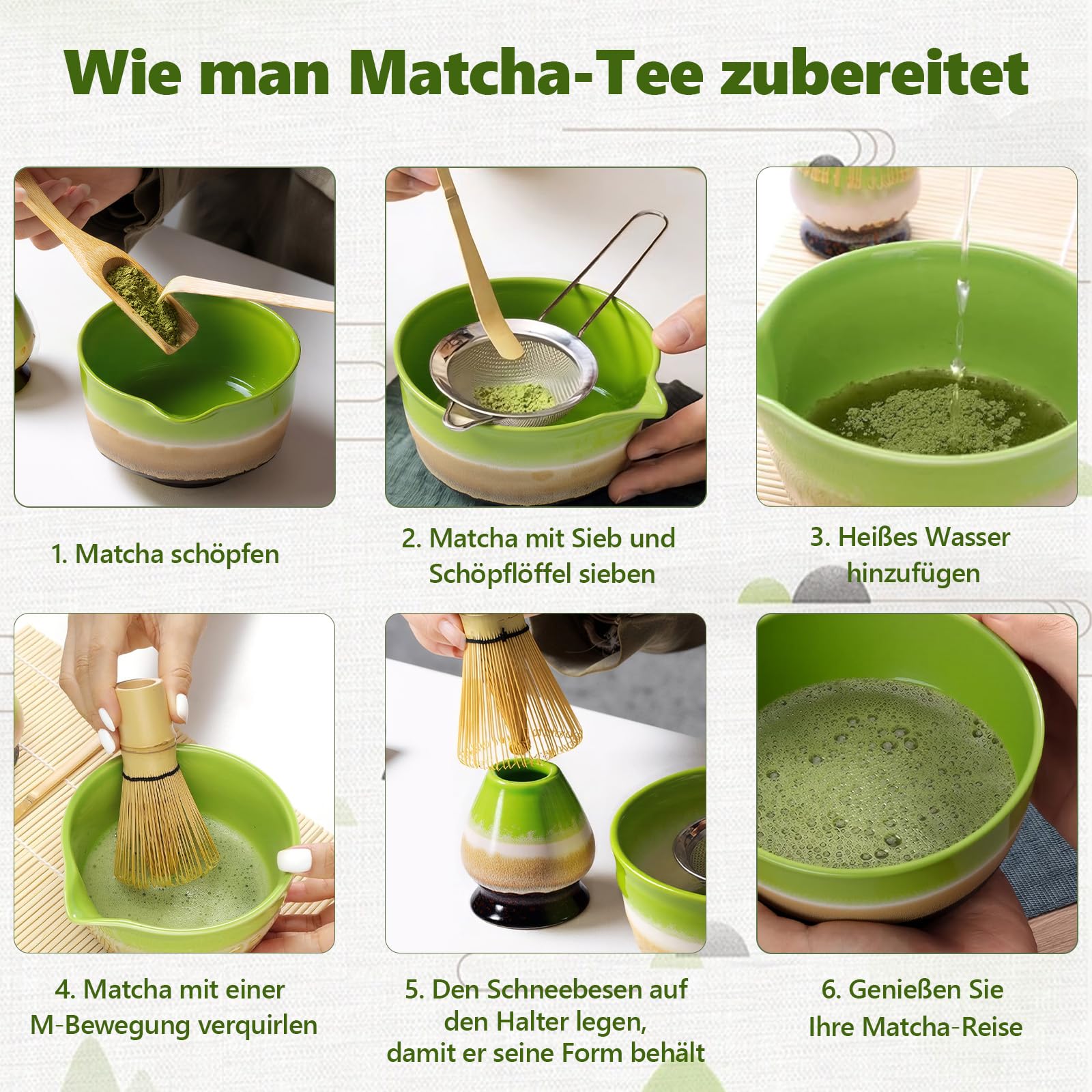 Kit Cérémonie Thé Japonais VZXZXE 6 Pièces - Bol Bec Verseur, Fouet Bambou, Cuillère, Passoire, Céramique, Acier Inoxydable Set Matcha Kit Cérémonie Thé Japonais VZXZXE 6 Pièces - Bol Bec Verseur, Fouet Bambou, Cuillère, Passoire, Céramique, Acier Inoxydable Set Matcha