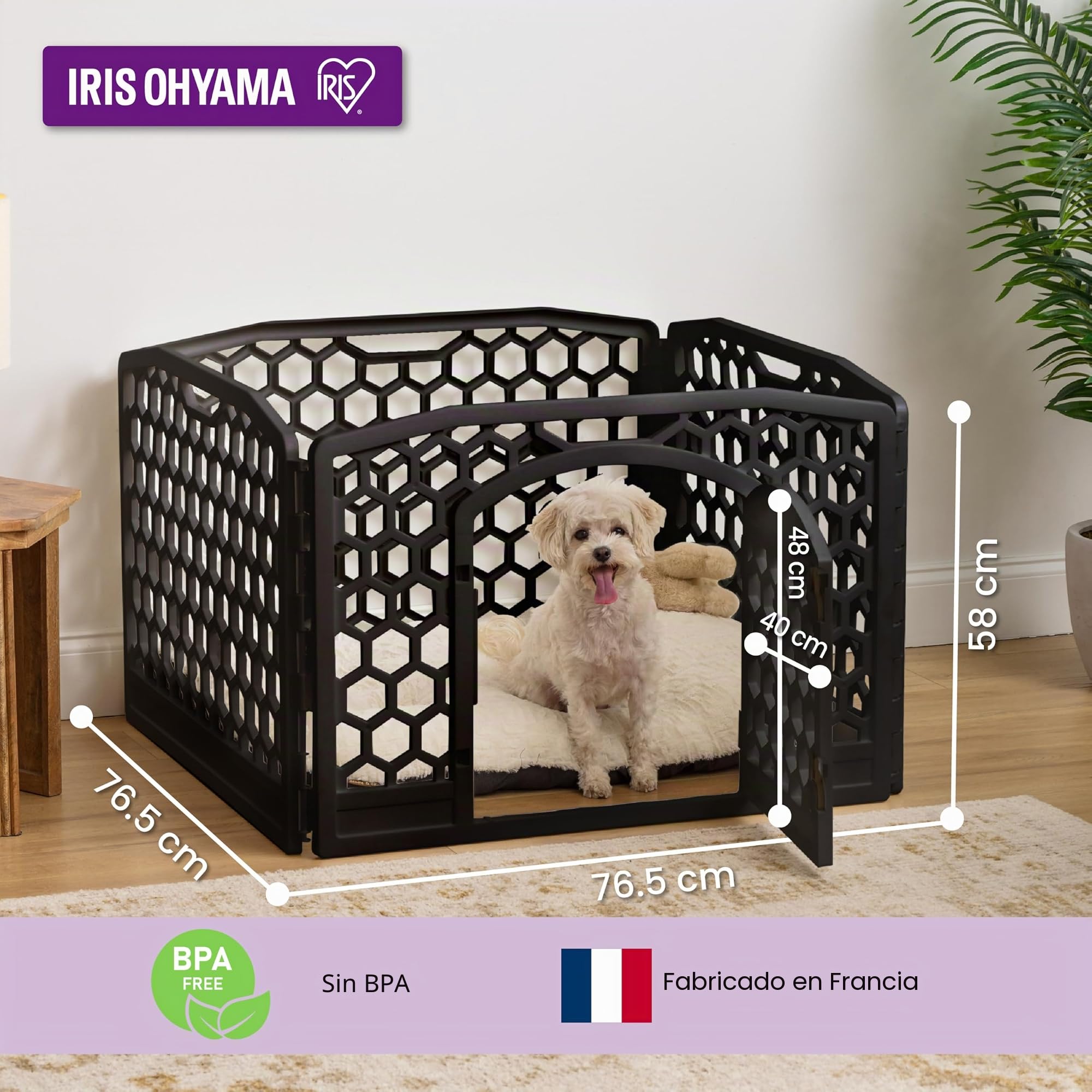 Iris Ohyama, Parque para Perros Interiores, Exterior con 4 Paneles y Puerta Cerrada, H58cm, Negro, Jaula, Enclos, Cierre para Perros, Cachorro, Gato, Conejo, Mascotas, Plástico, CI-584HC
