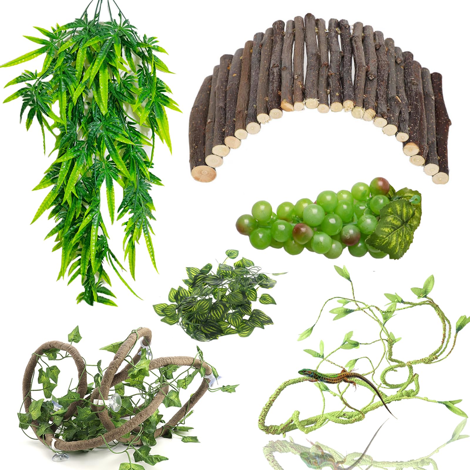 Bearded Dragon Tank Accessories, Reptile Hideout Bridge Climbing Plants & Jungle Vines and Leaves Terrarium Decoration for Lizard Frog Snake Gecko Hermit Crab Chameleon