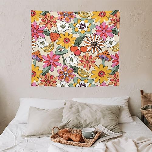 Miniatura 6 de Tapices florales retro de los años 70, hippie primavera verano Groovy naranja margarita patrón de mediados de siglo para colgar en la pared, arte