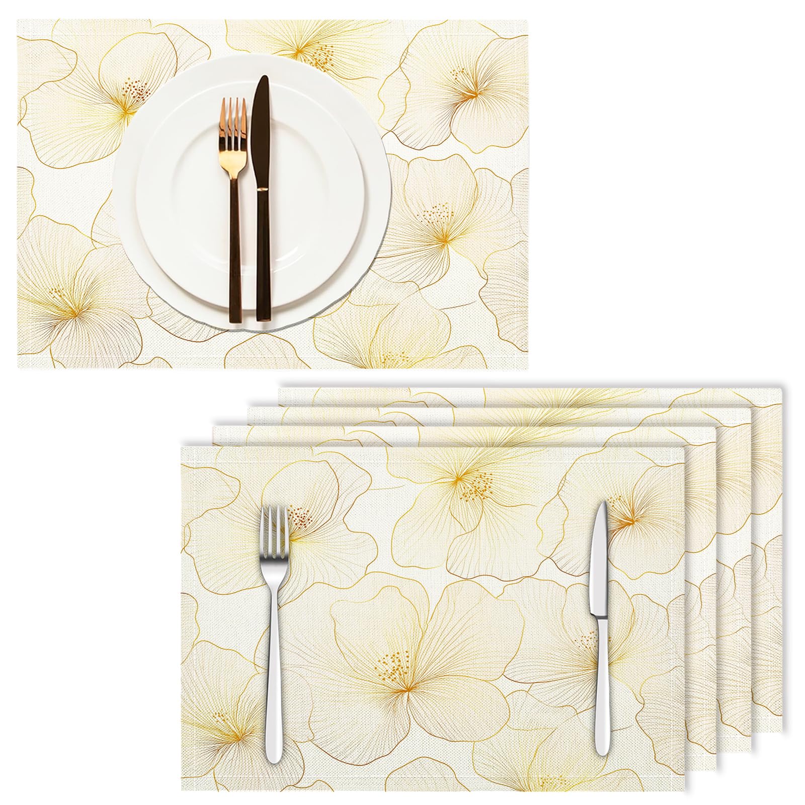 Set di 8 Tovagliette Americane Lavabili Cotone Lino Semplice - Tovaglietta Americana Resistenti al Calore Durevole Arte del filo di fiori in foglia d'oro - per Colazione Pranzo 30×45 cm