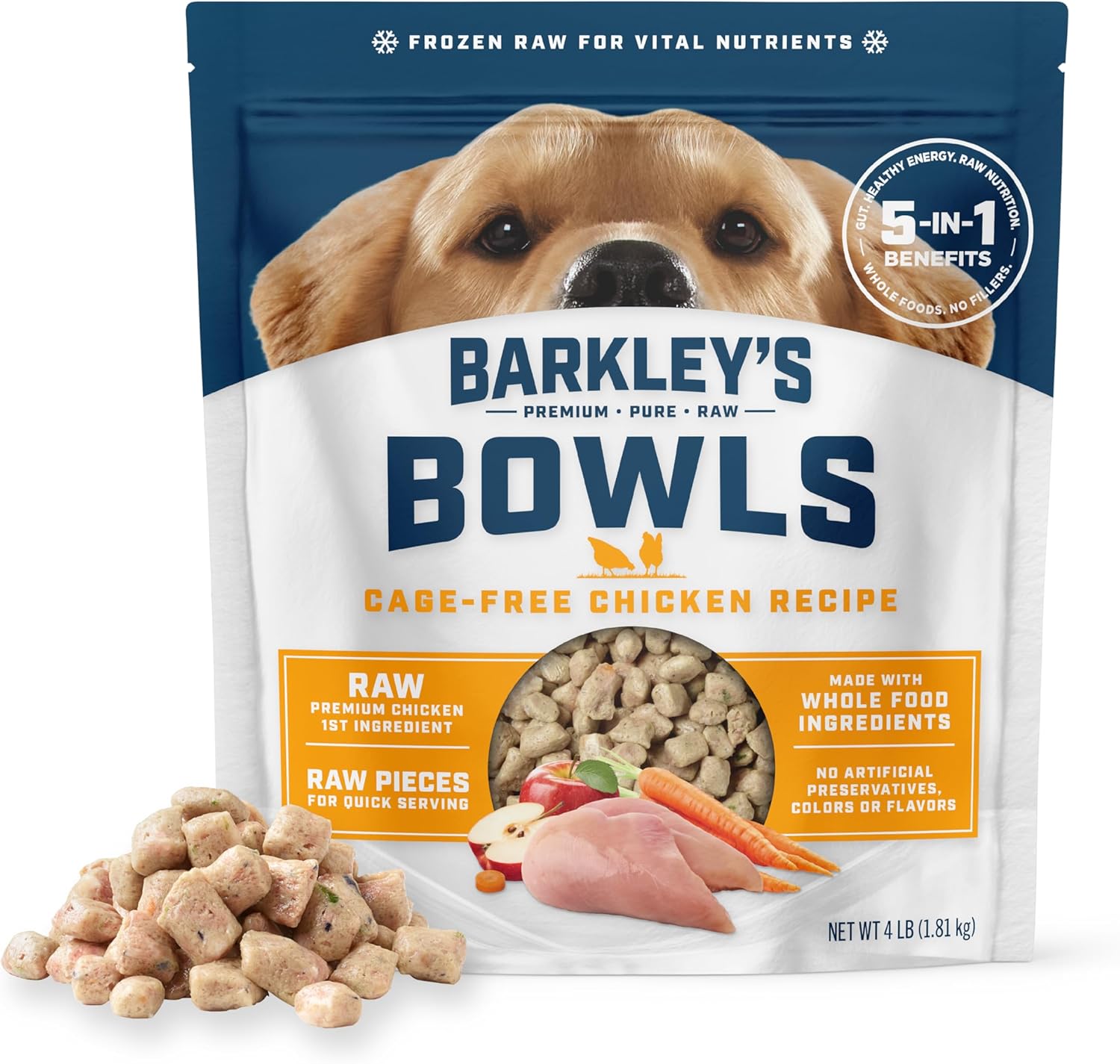 Barkley’s Bowls, Frozen Raw Chicken Dog Food, Fresh Whole Food Ingredients, Cage-Free Chicken, Grain Free, Dog Food Toppers, Human Grade Ingredients, All Dog Breeds, Ages, & Sizes, 4 lb Bag (1 Pack)