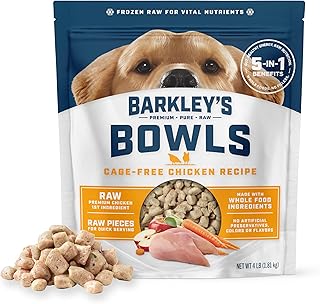 Barkley’s Bowls, Frozen Raw Chicken Dog Food, Fresh Whole Food Ingredients with Cage-Free Chicken, Grain Free, High Protein for Balanced Nutrition, Frozen Meals with Human Grade Ingredients, 4 lb Bag