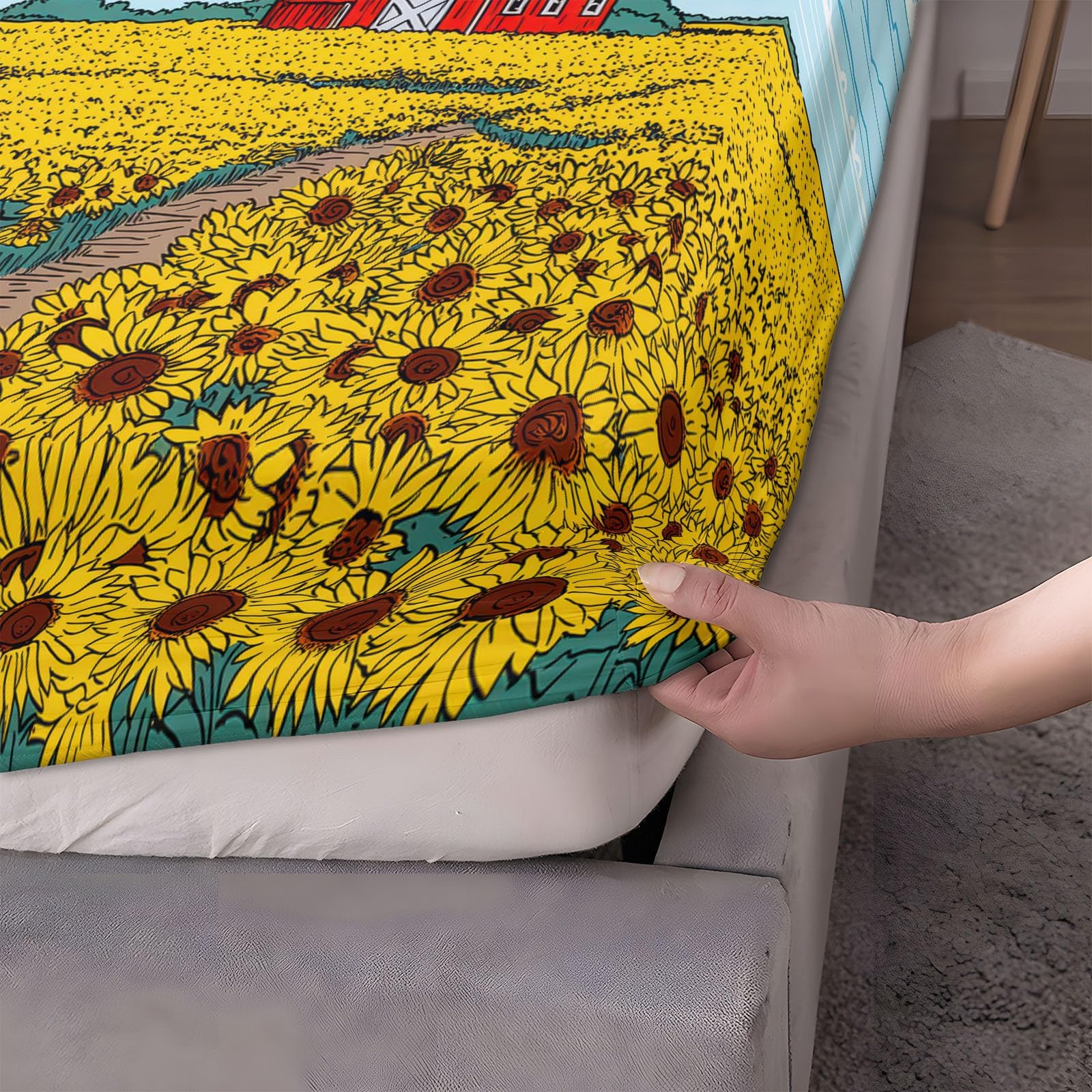 180 x 200 cm Drap Housse Microfibre, Champ Tournesols Dessin Animé Imprimé Parure De Lit Doux Élastique Drap Housse 30 cm Profonde pour Matelas Epais - Convient à Toutes Les Saisons, Jaune Bleu