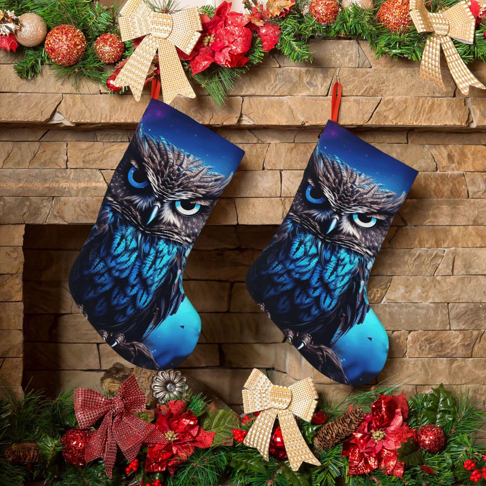 KLOPH Christmas Stockings 18" Personalized Xmas Stocking Blue Owl Decoration Stocking Hanging Fireplace Stocking for Holiday Xmas Tree Christmas Fireplace Decor
