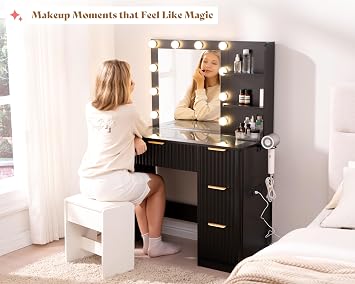 AMERLIFE 36.2 Fluted Vanity Desk with Mirror and Lights, Black | Large 4 Drawers Black Makeup Vanity Table with Glass Top and Charging Station for Women and Girls, Bedroom or Dorm