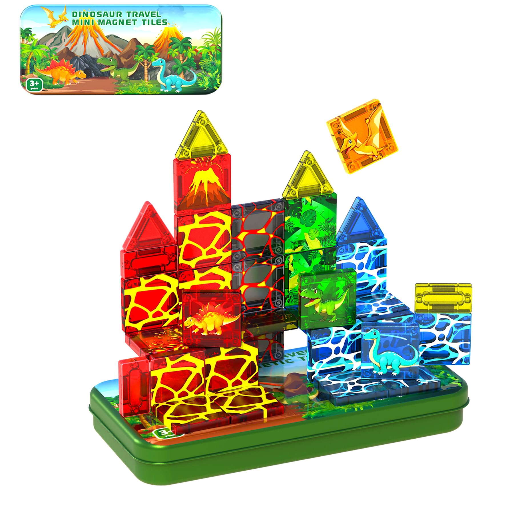 Tooysea Dinosaurier Mini Magnetbausteine, Magnetische Bausteine für Kinder Set, MiNi Magnet Fliesen Bauspielzeug mit 4 Dinosaurier, für Alter 3 + Jungen Mädchen STEM Montessori Spielzeug Geschenk