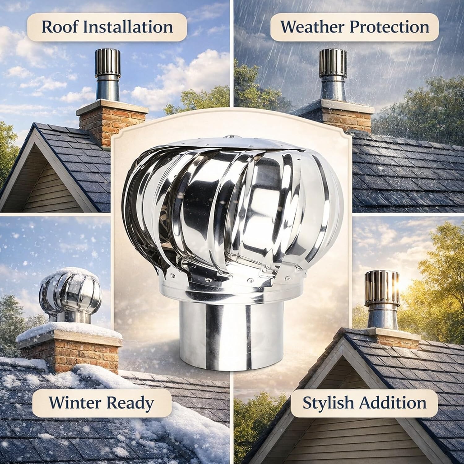 6in Stainless Steel Chimney Cap, Rotating Chimney Cowl for Roof Venting - Rainproof, Animal Proof, Easy Installation, Enhances Combustion Efficiency for Home Fireplace (15cm / 5.9in)