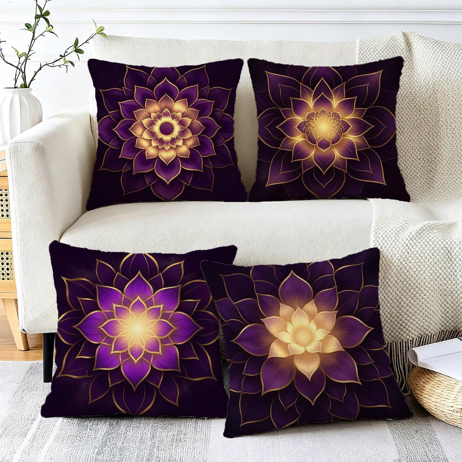 Viola Federe Cuscini Divano 40x40cm, Cuscini da Esterno Set de 4, Cod-41 | Lin Copricuscini Decorativi Letto Arredo, per Letto, Soggiorno, Giardino, Esterno, Casa Decorazione Set di 4 Mandala