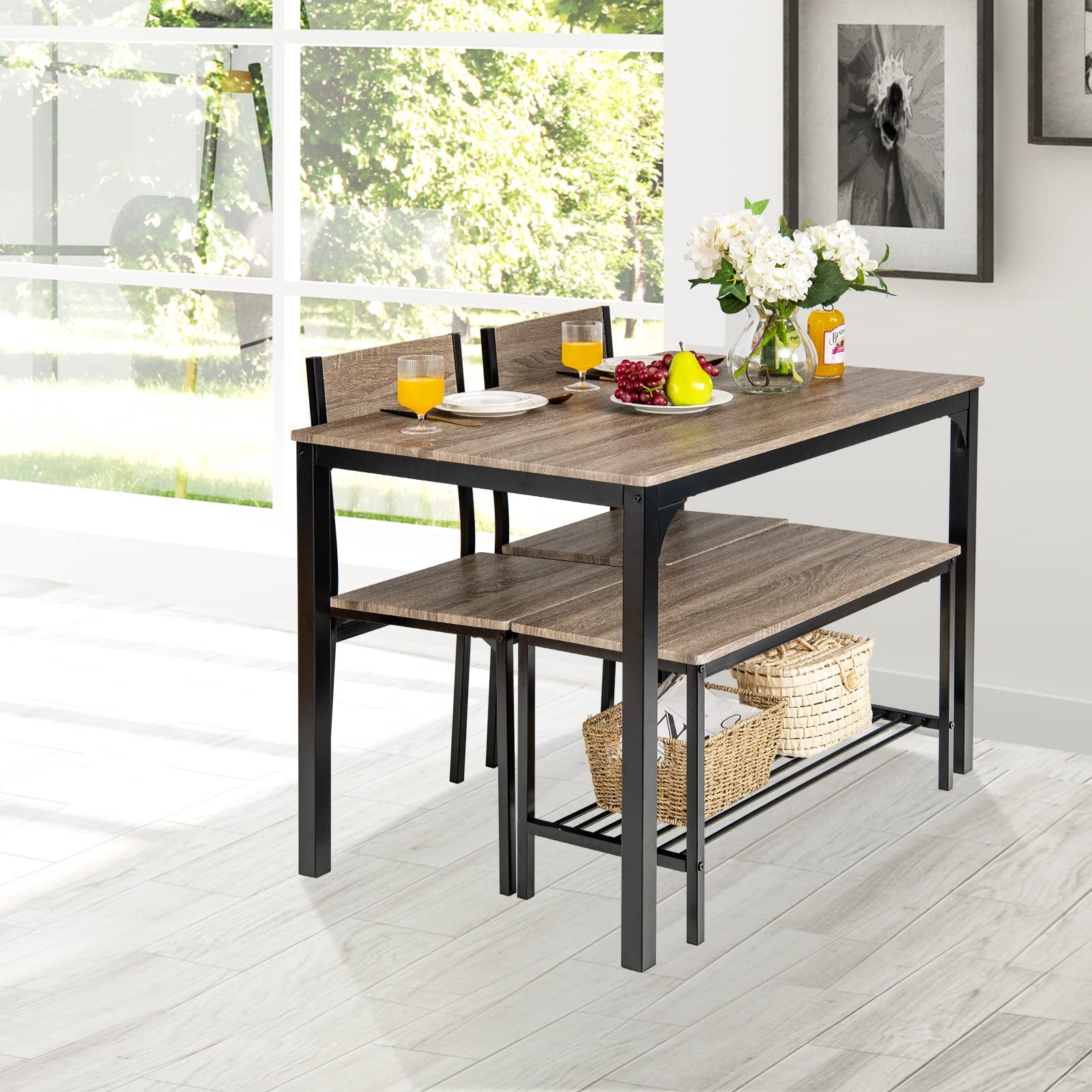 COSTWAY Set Tavolo e Sedie da Cucina 4 Pezzi, Tavolo da Pranzo con 2 Sedie e 1 Panca, Set Mobili da Cucina Salvaspazio con 4 Posti, per Sala da Pranzo e Soggiorno (Rovere grigio)