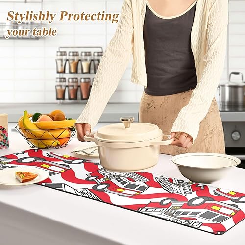 Miniatura 4 de Salvamanteles largos de camión de bomberos para ollas y sartenes calientes, camino de mesa resistente al calor e impermeable para platos calientes,