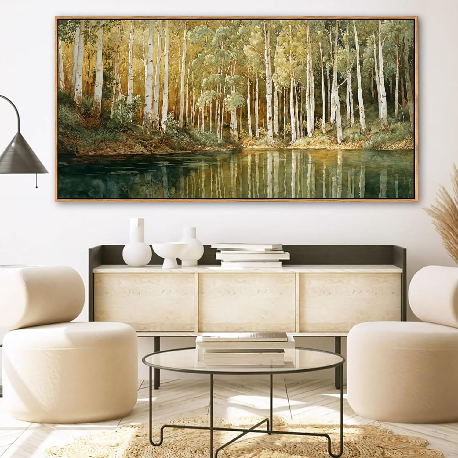 YCPRIMER Extra Large Birch Tree Wall Art, Green & Yellow Forest Landscape Canvas, Nature Lakeside Scenery Painting for Living Room & Bedroom Above Bed Decor, Ready to Hang 29×58 Inch
