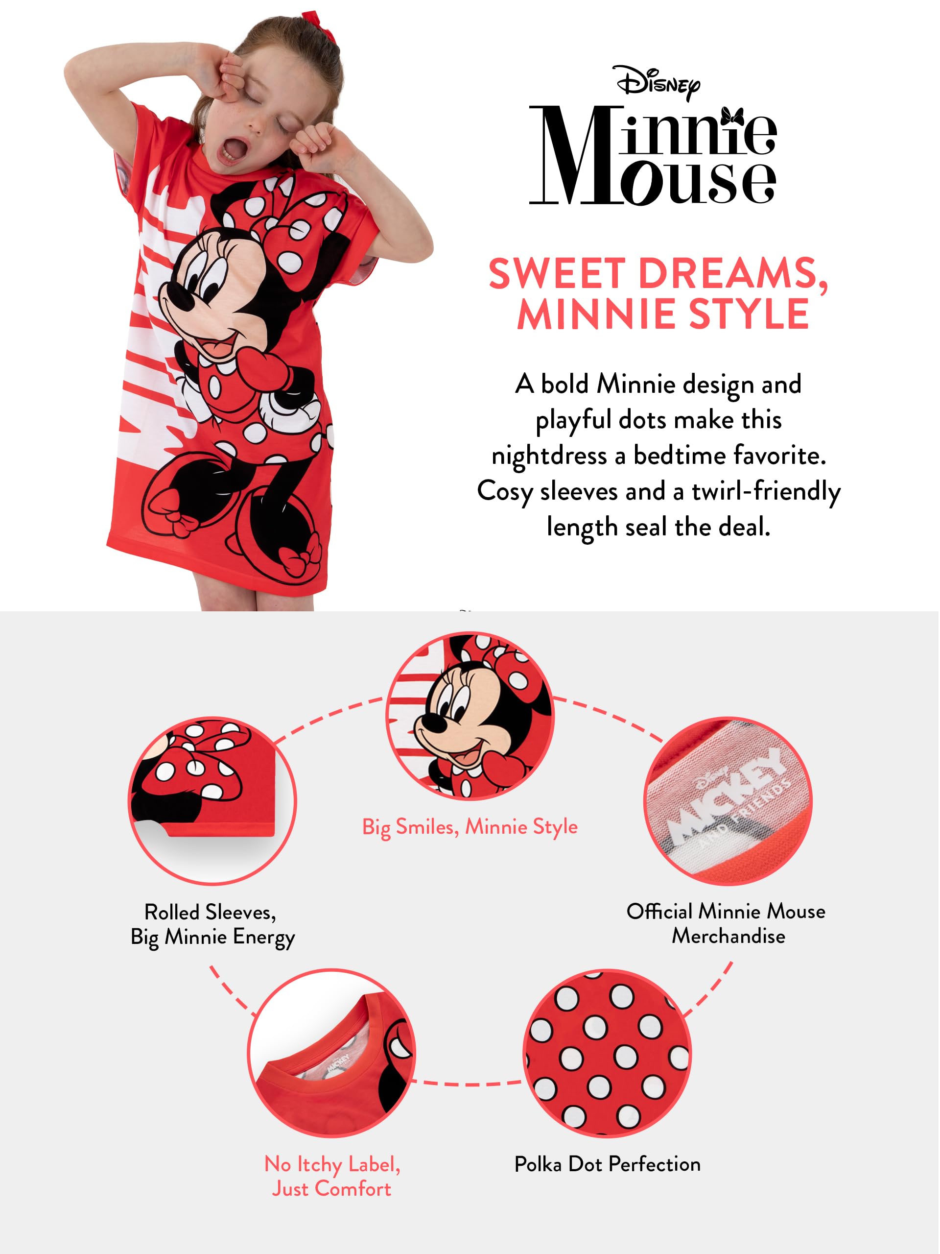 Disney Pigiama Bambina Minnie, Camicia da Notte Bambina Minnie, Camicia da Notte A Pois Bambine